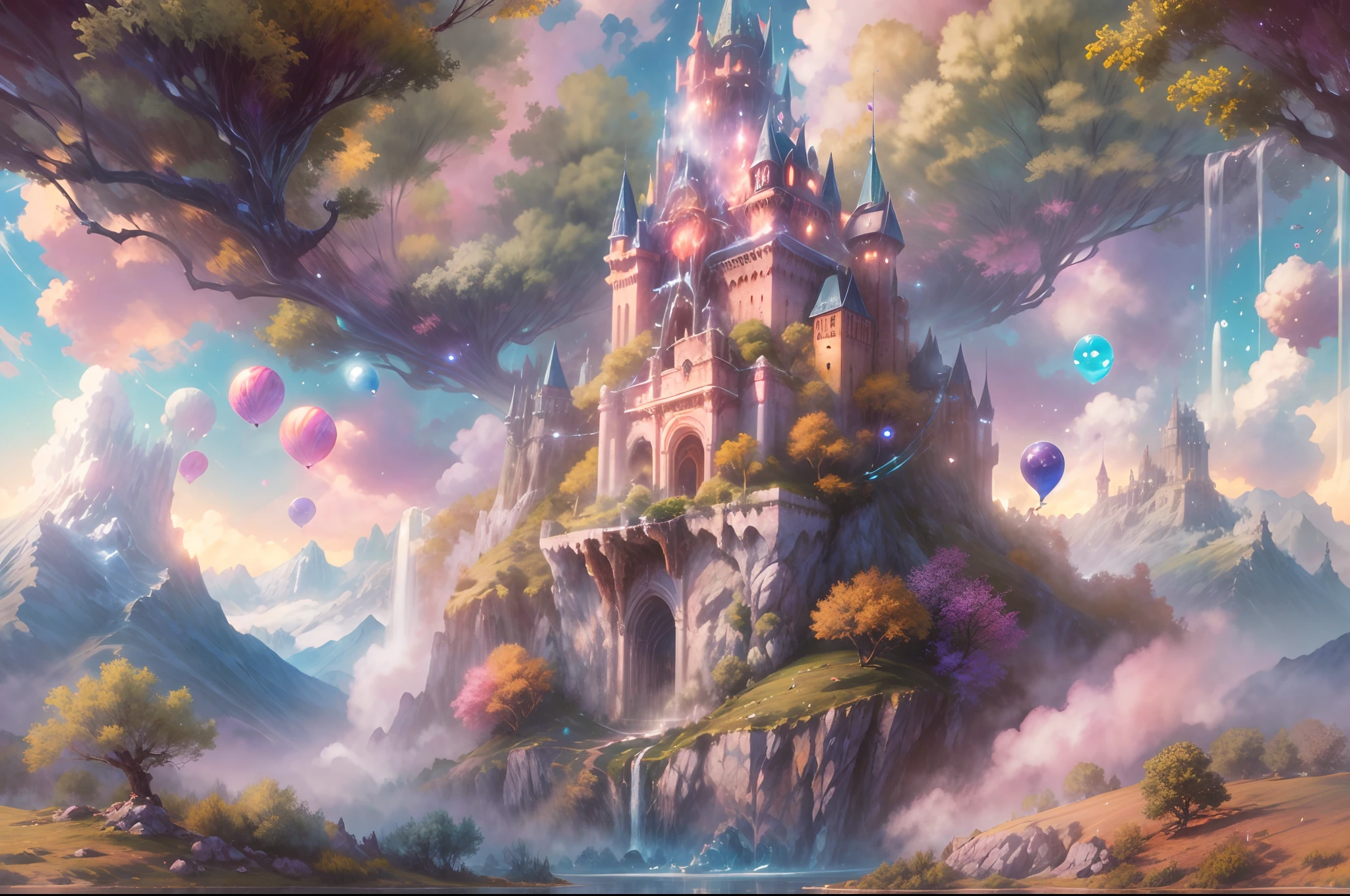 Generate a realistic fantasy landscape with beautiful, ornate romantic buildings, floating islands, crystalline waterfalls streaming from the floating islands, and a dreamy landscape of highly detailed flowers and dreamy watercolors. This is the (((romantic))) realm of the gods. (((The castles look like they are carved from shimmering marble, with distinct and complex details adding to their realism.))) Cotton candy clouds wisp into beautiful glittering stars across the colorful sky, with mesmerizing pink and purple celestial lights creating an enchanting atmosphere. Include many different levels and high visual interest. The environment is large and awe-inspiring, and this is a macro shot. The general ambience is peace, tranquility, and highly detailed sweetness. Include interesting fantasy elements with colors that complement the rest of the landscape. The sky should be very detailed. The landscape should very detailed. All buildings should be ornate with complex and intricate details. Include a luminous and magical atmosphere, magic bubbles, shimmering colors, many small fantasy details including iridescence, expertly created majestic landscapes, and shimmer and glimmer. Include lots of vibrant colors and vaguely surreal details. Camera: Utilize dynamic composition to create interest and excitement. CGI, unreal engine, unity engine, (((masterpiece))), high resolution, 8k, best quality, high quality, highres, 16, RAW, ultra highres, ultra details, finely detail, an extremely delicate and beautiful, extremely detailed, real shadow, anime, highly detailed painted, award-winning glamour painting, wonderful painting, art style, stylized