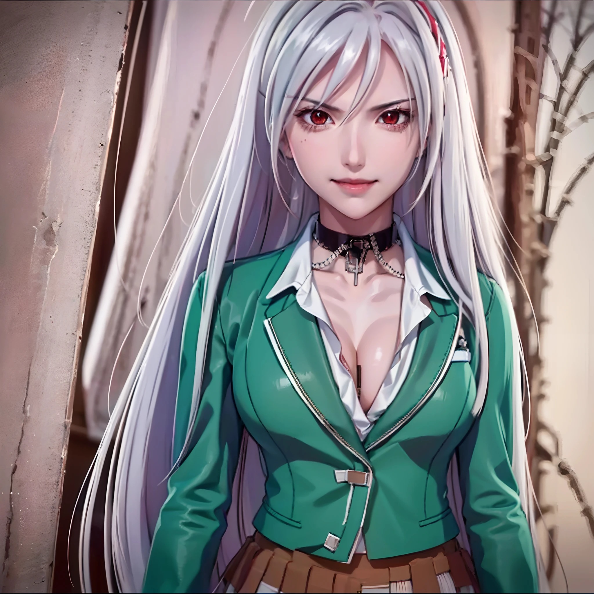 1 girl, moka akashiya, long silver hair, red eyes with slit pupils (( 1 : 3 )), large breast, school uniform, green blazer, white shirt, brown skirt with black square pattern, standing, outdoor, smile, cocky expression