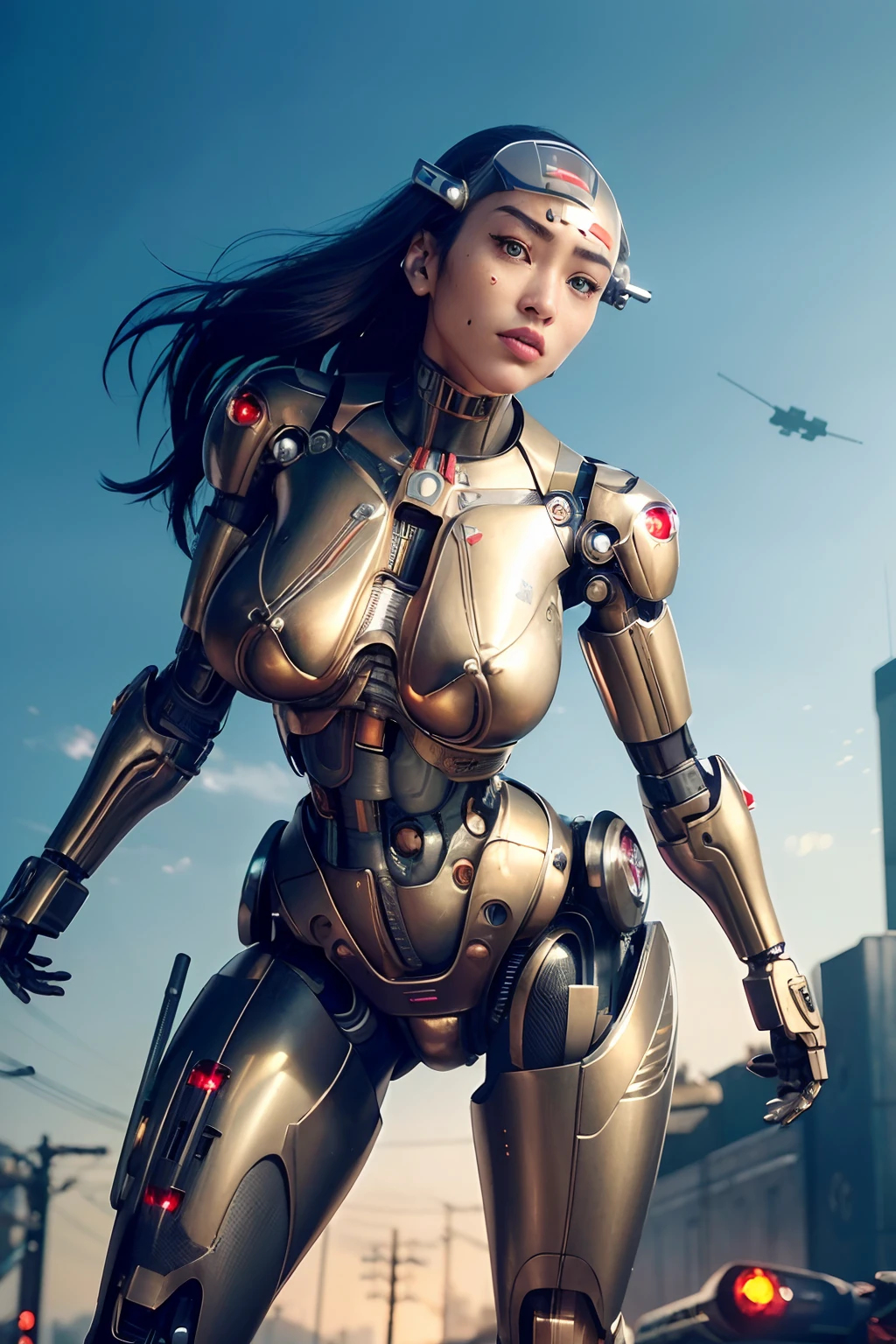 1girl, solo, Japanese girl, (((cyborg:1.4))), cyborg girl, cyborg armor, cyborg clothing, beautiful detailed eyes, finely detail, bright pupils, turquoise eyes, full body, large breasts:0.8, (((floating hair))), looking at viewer, pov, female focus, puffy eyes, long hair, gorgeous hair, air bangs, dynamic pose, dynamic angle, close-up, thighs open, showing panties, boobs exposed, fighting stance, fighting pose, run forward, running,(((golden metallic color | red metallic color | blue metallic color))),(((Metallic luster, metal reflective, mechanical details, extremely mechanical details, complex mechanical structure))), (((Mirrored Power Armor, fallout 4, fallout))), 

defeated, corpse, bleed, battlefield, mechanized background, giant robot in the background, outdoors, cinematic lighting, Cyberpunk world. Cyberpunk metropolis, neon, Sci-fi style, sfw:1.98,