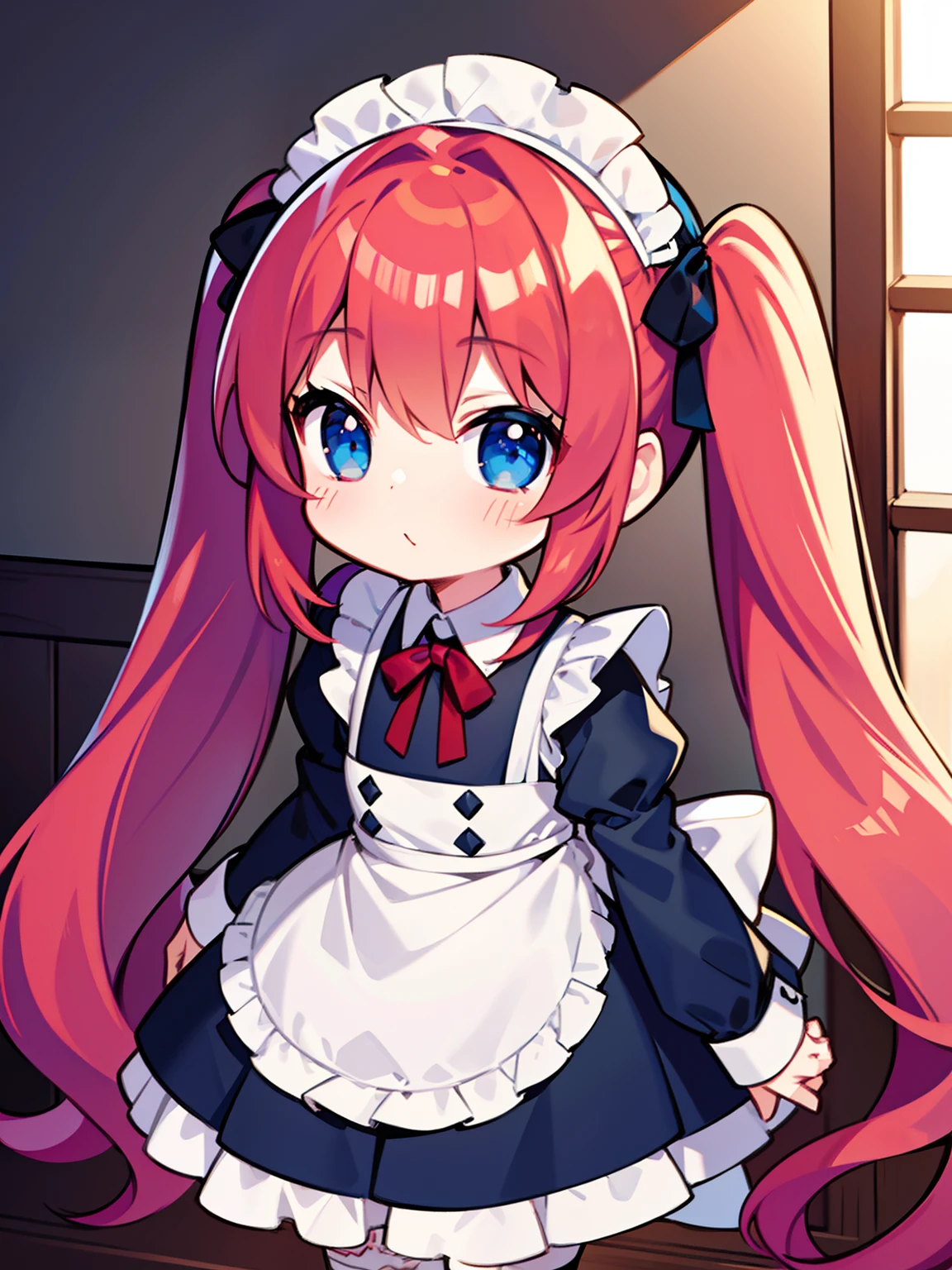 {{best quality}}, {{masterpiece}}, {{ultra-detailed}}, {illustration}, {detailed light}, red hair,blue eyes,twintails,maid, long hair, long sleeves, gothic, solo, ,litte