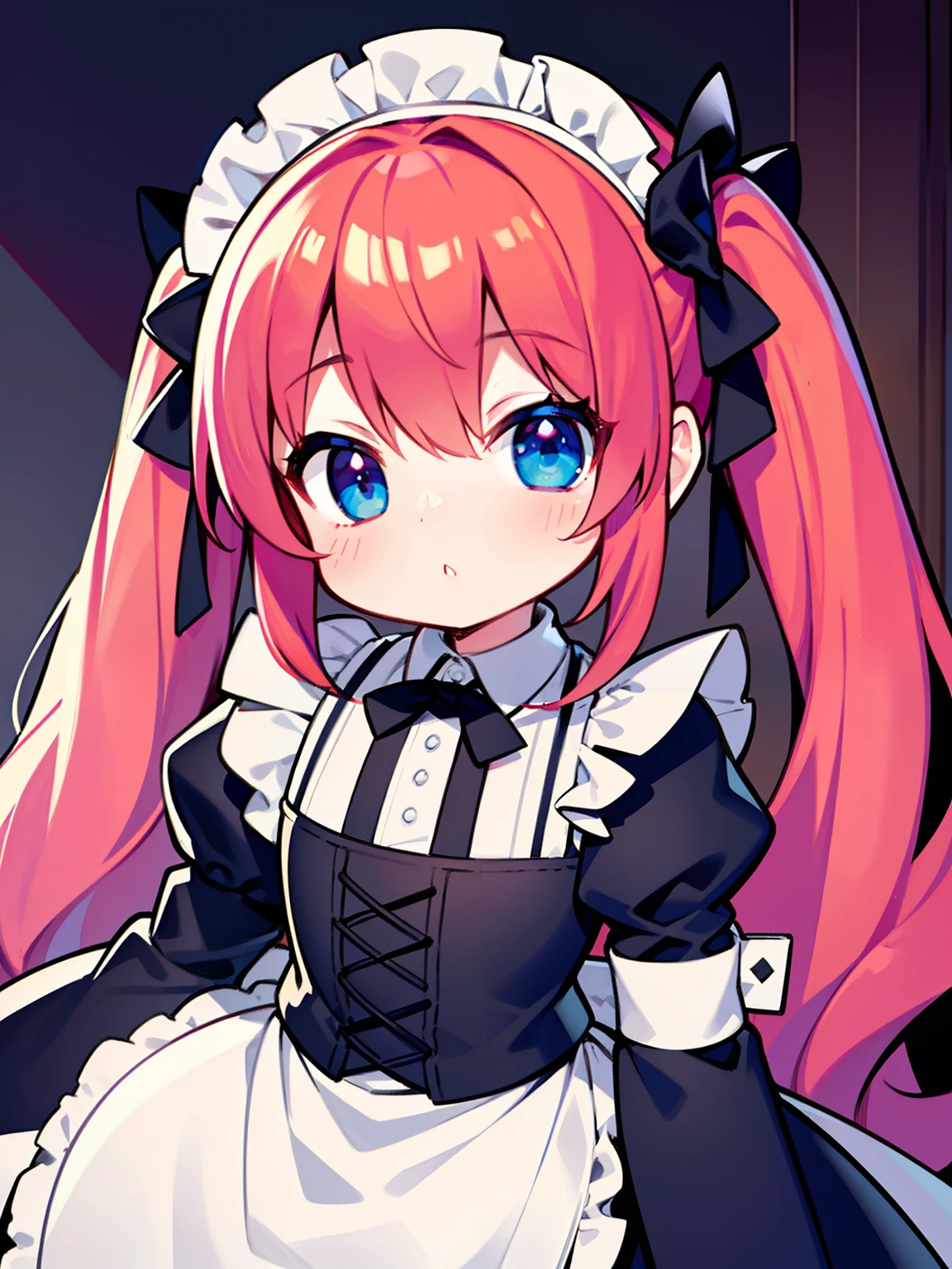 {{best quality}}, {{masterpiece}}, {{ultra-detailed}}, {illustration}, {detailed light}, red hair,blue eyes,twintails,maid, long hair, long sleeves, gothic, solo, loli,little girl,cute