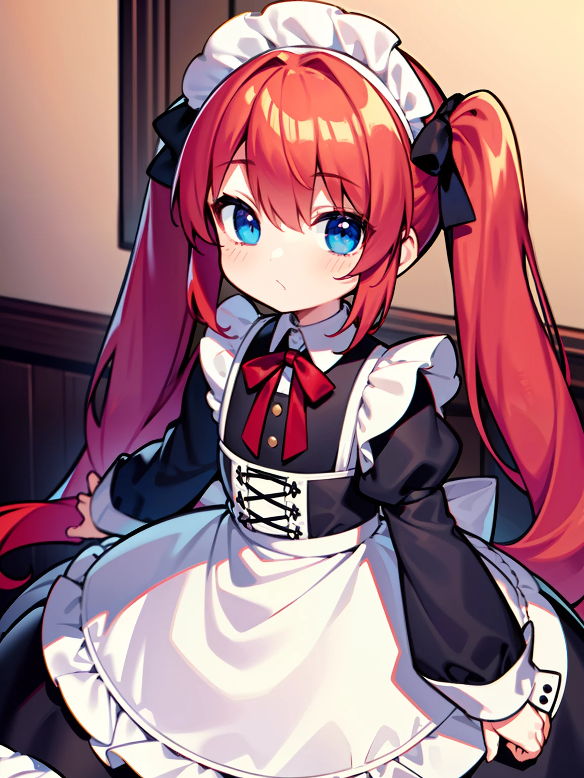 {{best quality}}, {{masterpiece}}, {{ultra-detailed}}, {illustration}, {detailed light}, red hair,blue eyes,twintails,maid, long hair, long sleeves, gothic, solo, loli,little girl,cute