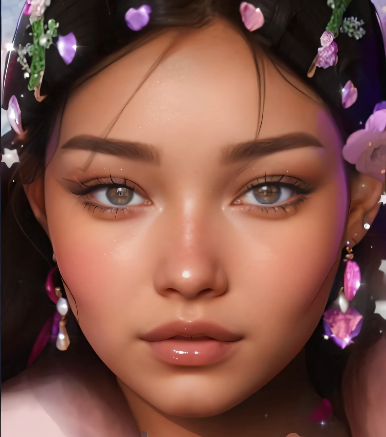 A closeup of a woman with a flowered hat and a pink dress, wlop pele brilhante, Rosto altamente detalhado de 8k, com o rosto muito detalhado, foto retrato suave 8 k, 8K Artgerm Bokeh, Rosto perfeito detalhado, rosto perfeito hiperdetalhado, rosto detalhado real, detailed flawless face, 8k portrait render, rosto e olhos ultra detalhados