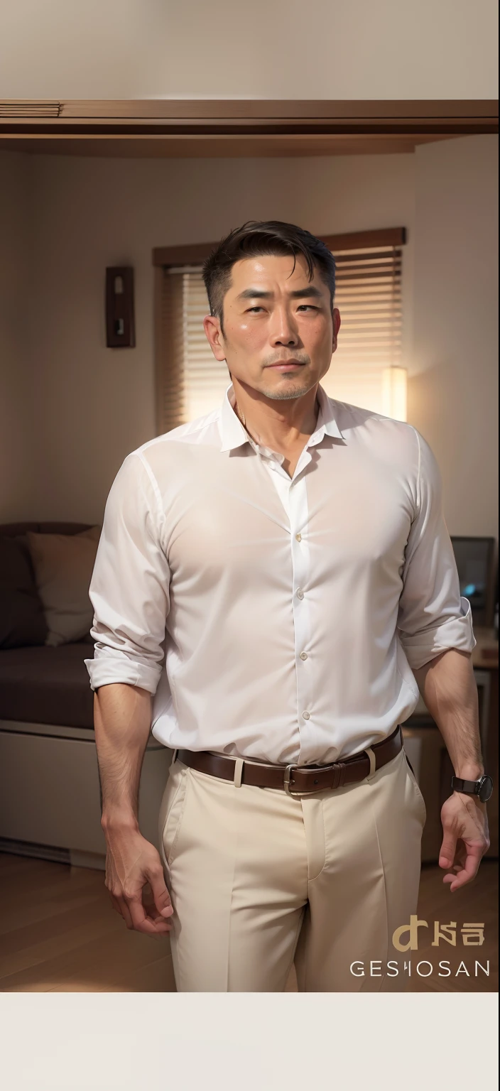 Middle-aged man unshirting handsome Asian