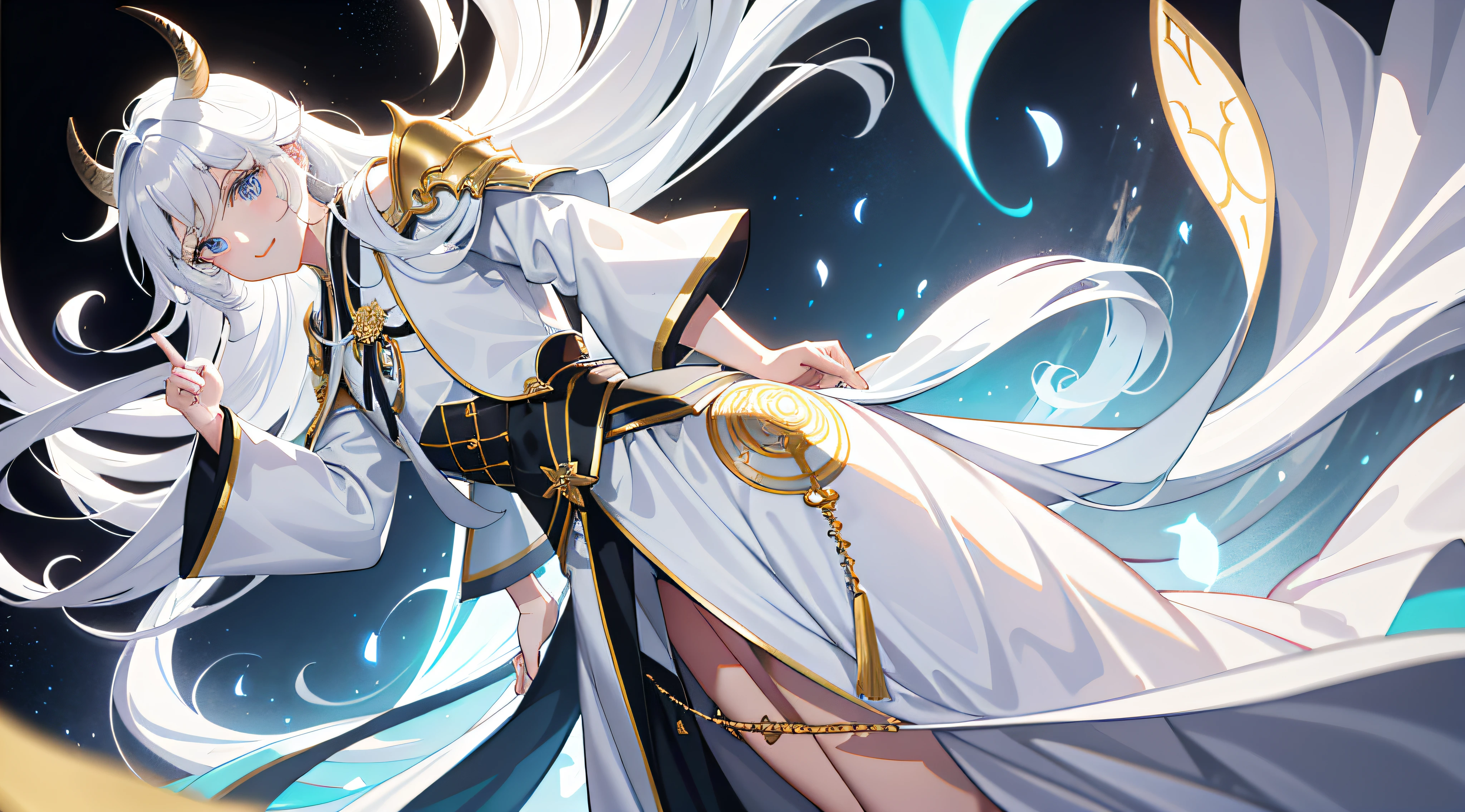 with light glowing, sidelighting, Wallpapers,tmasterpiece、Best quality、realisticlying、hyper-detailing、long whitr hair、Libido boy、whaite hair、long white robe、A black bull behind him