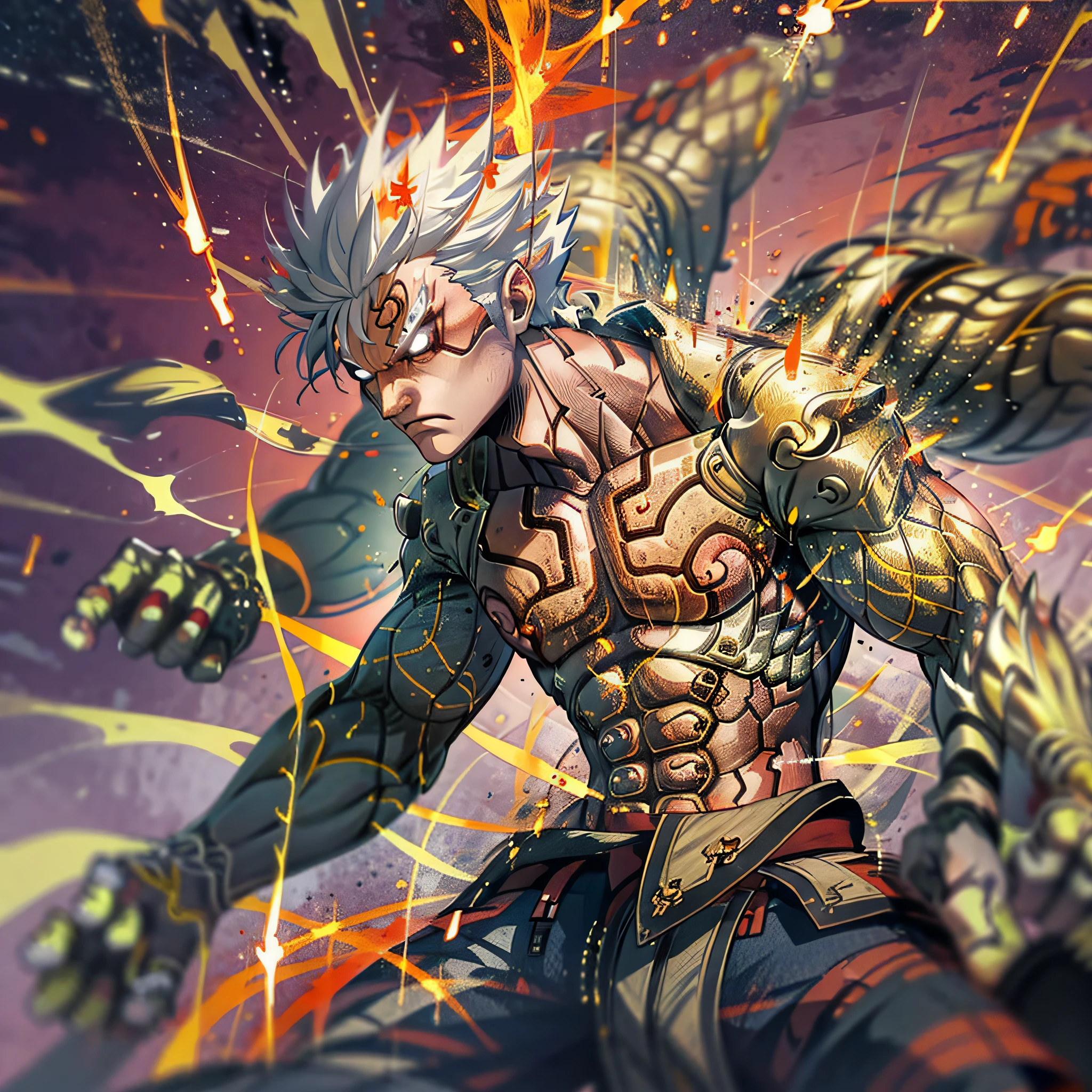 Anime boy,asuras,White hair,short spiky woman's hair,wearing white outfit,makrings all over the body,red aura, Surrounded by lightning, destroyed ground,red outlines on the body, Perfect hands,Close-up Shot Shot, Muscular body, Serious face,mantra,highest quality digital art, stunning art, Wallpaper 4k,8K,64k, HD, Unbeatable masterpiece, Dynamic lighting, Cinematic, Epic