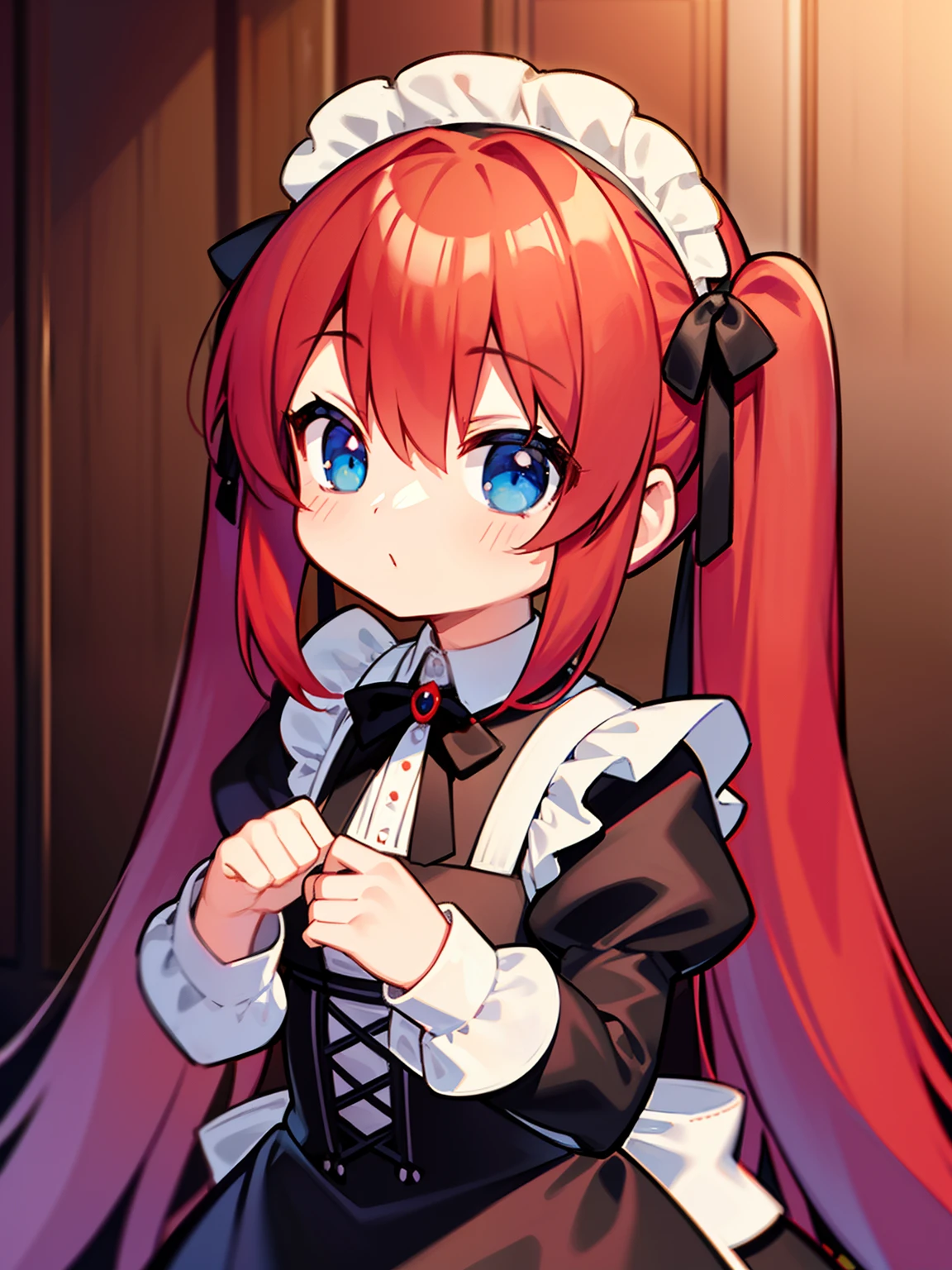 {{best quality}}, {{masterpiece}}, {{ultra-detailed}}, {illustration}, {detailed light}, red hair,blue eyes,twintails,maid, long hair, long sleeves, gothic, solo, loli,little girl,cute