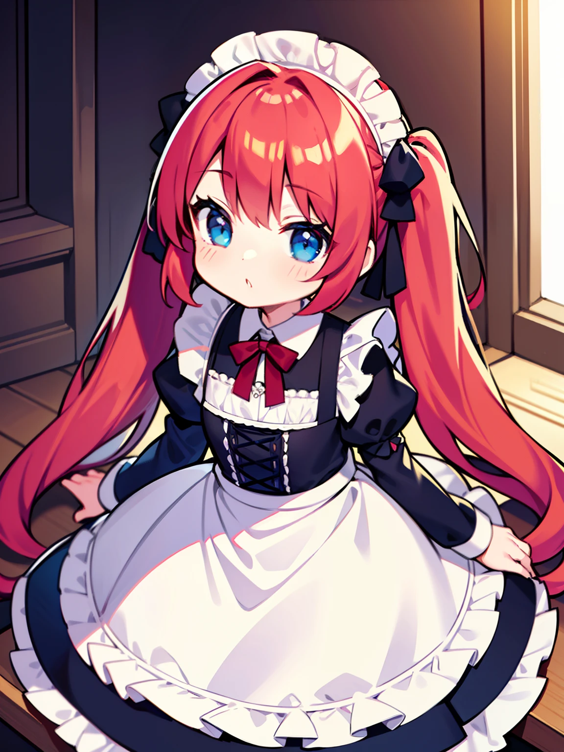 {{best quality}}, {{masterpiece}}, {{ultra-detailed}}, {illustration}, {detailed light}, red hair,blue eyes,twintails,maid, long hair, long sleeves, gothic, solo, ,litte