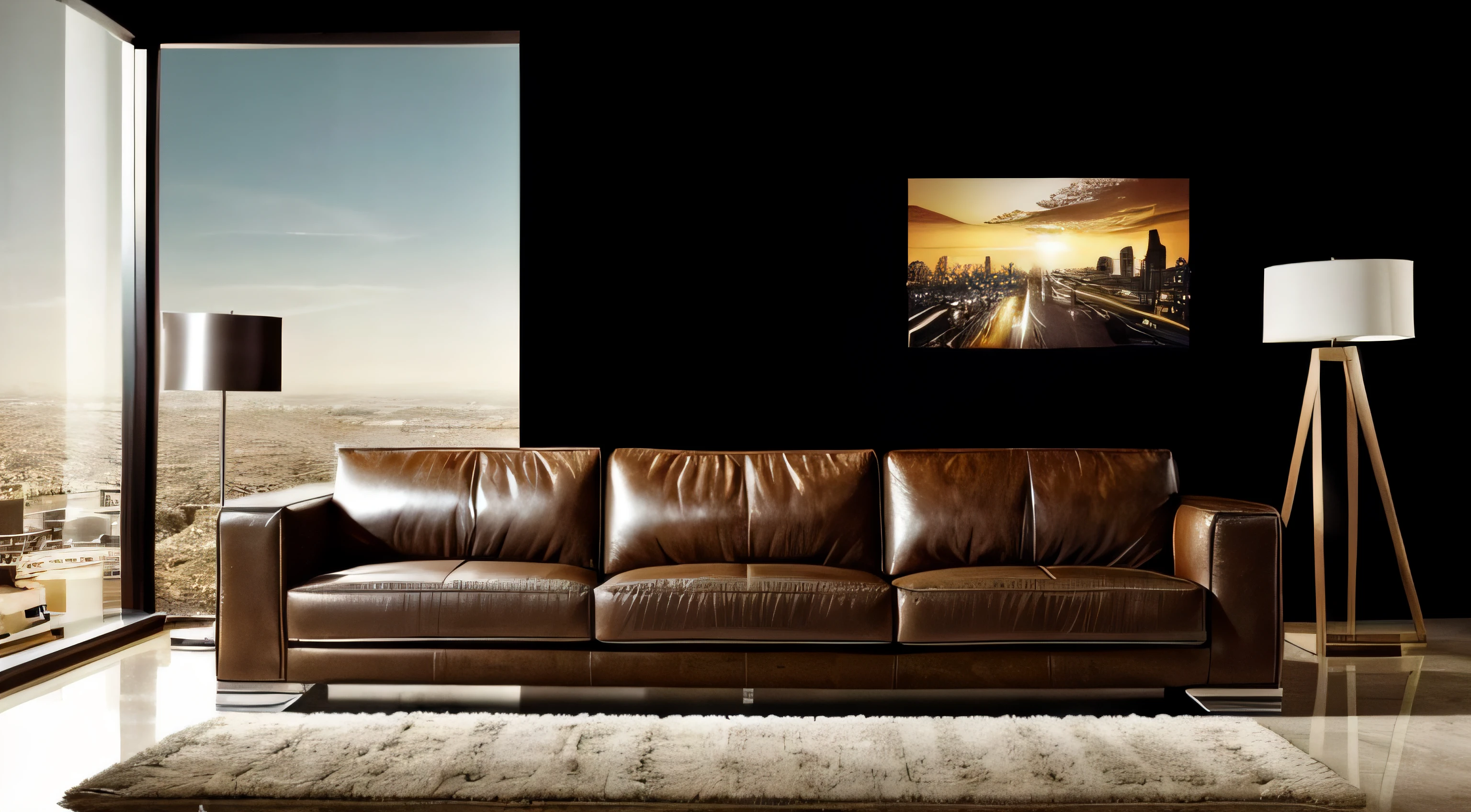 web cover design of Stunning leather sofa on the right side of the picture, con espacio en el lado izquierdo de la imagen. Con el fondo de una ventana grande de una ciudad de estilo californiano, interior design, Banner and cover design, hiperrealista