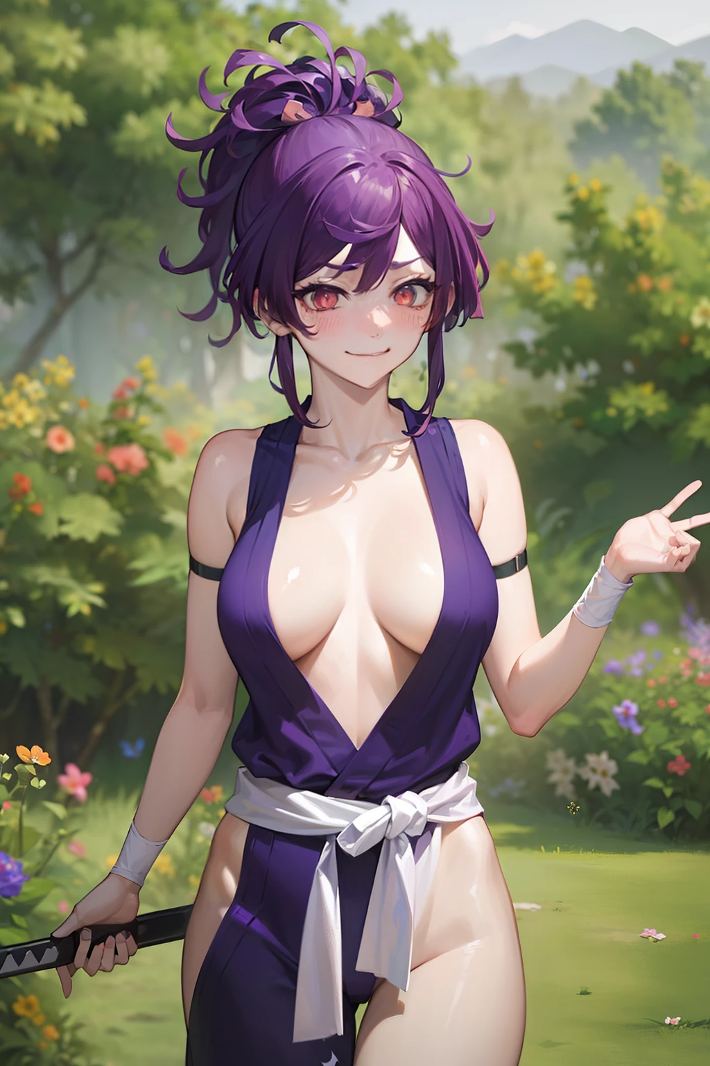 (best quality:1.1), (masterpiece:1.2), portrait, 1girl, yuzuriha_(jigokuraku), purple hair, brown eyes, ninja, open clothes, cleavage, small breasts, topknot, medium hair, breasts apart, white obi, smirk, outdoors, (blush:1.1), flowers (NSFW 1.1)