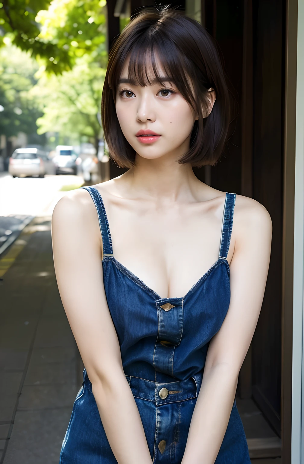 ((8K)、top-quality、masterpiece、超A high resolution:1.2)Photo Beautiful Japan woman(pleasing:1.1) Elegance、There is a good、Transparent atmosphere、Beautiful face、Gradient lighting、1girl in、Delicate skin、Look into the distance、Brown-eyed、(short hair with bangs:1.2)、(breasts are large:1.0)、(medium areola:0.8)、(realisitic:1.4)、(top-quality:1.0)、(超A high resolution:1.0)、8K、Raw photography、(masterpiece:0.2)、(pureerosface_v1:0.5)、Button Front Denim Dress、denim dress、Tight Dress、No Underwear、barechested、cotton clothes、no sleeves、Sleeveless、barechested、want me、Take your eyes off、Harajuku、Omotesando、Stylish cityscape、Street Trees、The morning sun is dazzling、subject、Lean、Look here、Ass big、Kinda chubby、Bangs shed to the side、big butts、neat and well-groomed hairstyle、Bring your chest together、Feels、Mouth slightly open、Angle from the side、The upper body is facing this way、Ass big、