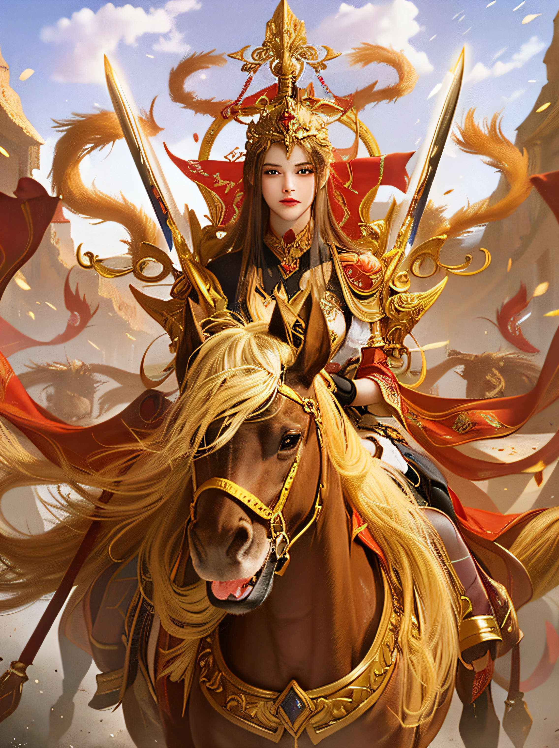 There are beautiful female warriors riding war horses,The eyes are shining,Seems to be angry,Gloves on the hands,Hold two double-stranded swords,There is also a mighty dragon behind him