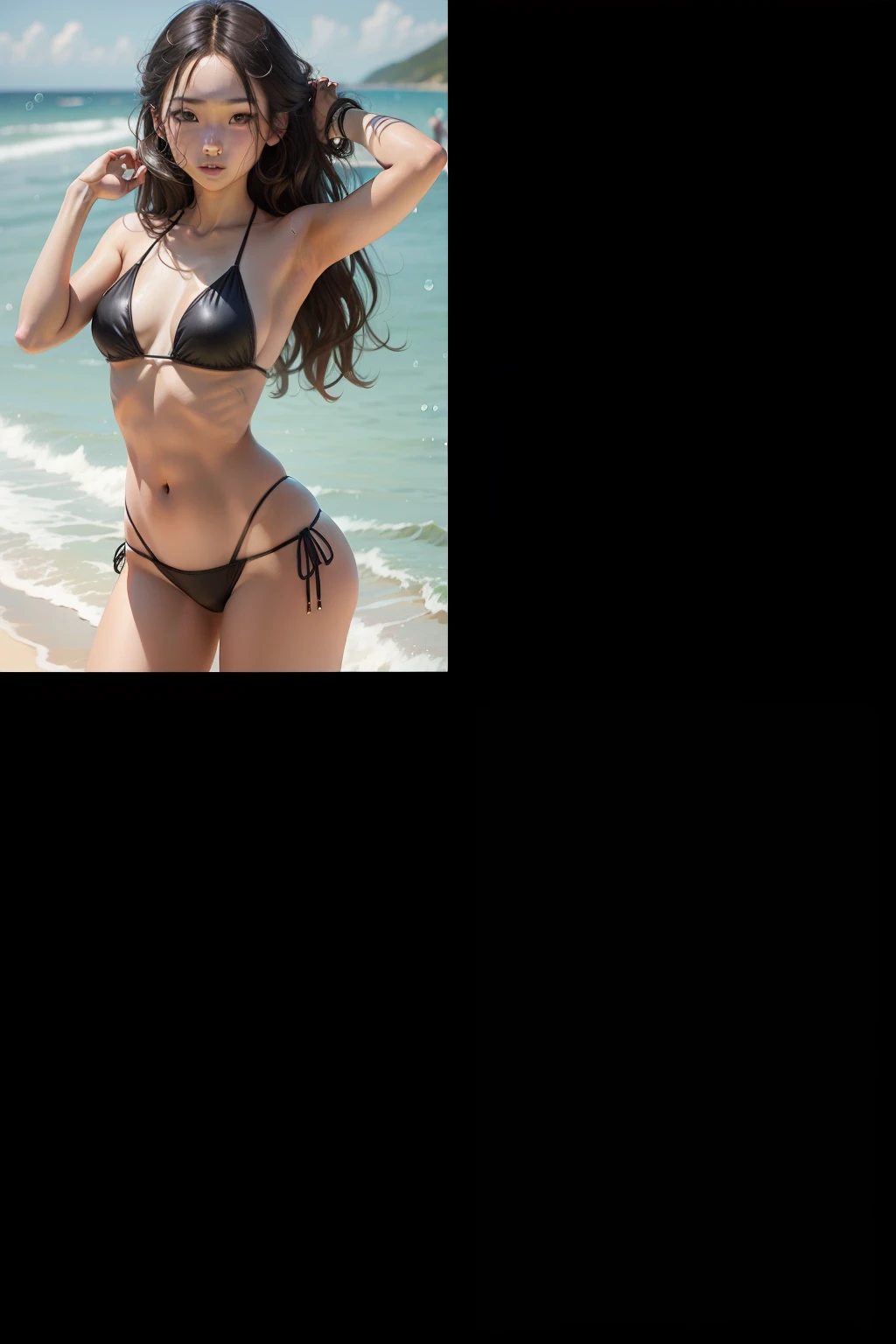Flat-chested young girl wearing bikini，Presented in a realistic style。