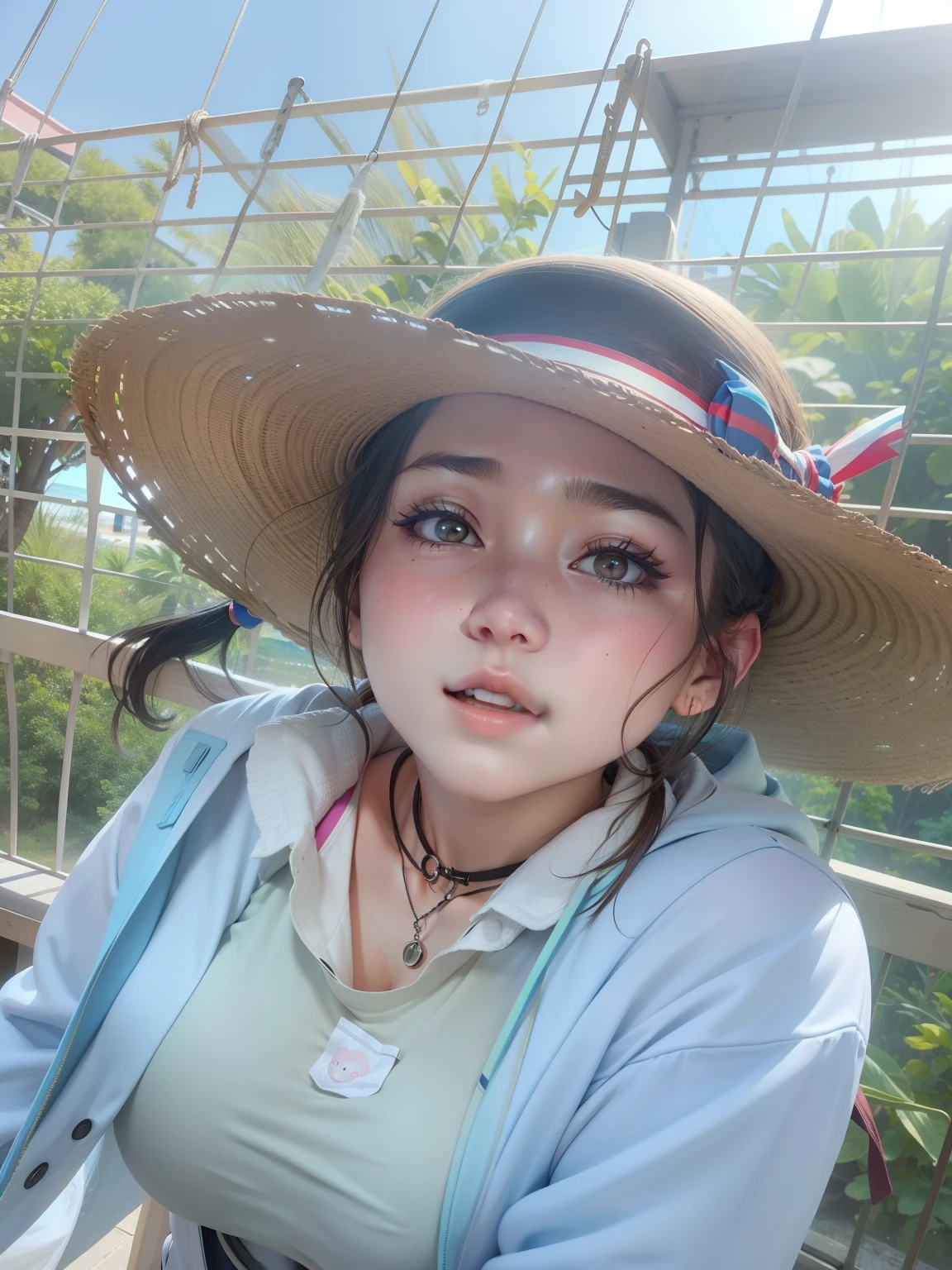 teens girl,realisticlying,Bigchest,big breasts exposed cleavage,比基尼,sea beach