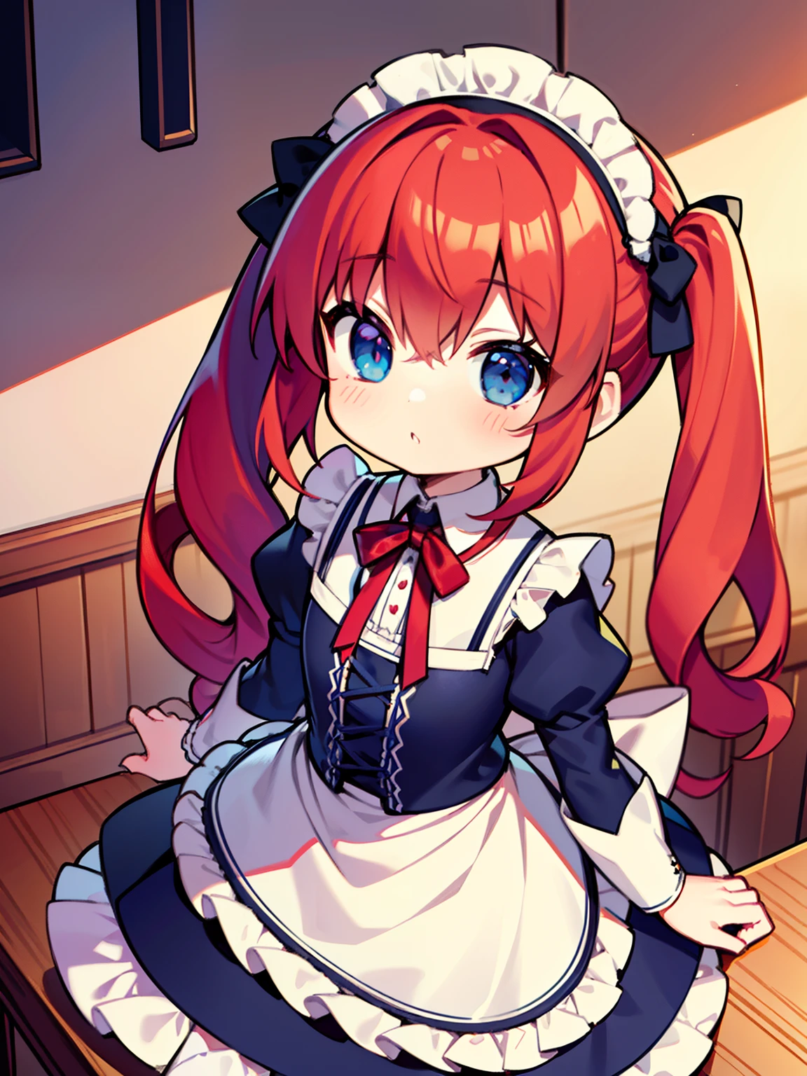 {{best quality}}, {{masterpiece}}, {{ultra-detailed}}, {illustration}, {detailed light}, red hair,blue eyes,twintails,maid, long hair, long sleeves, gothic, solo, loli,little girl,cute