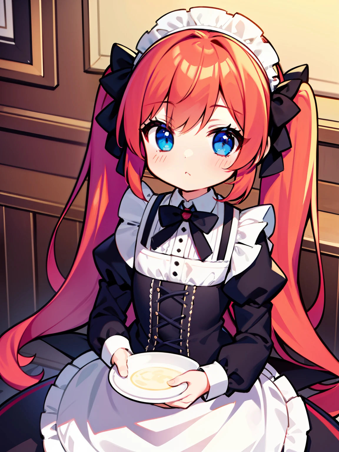 {{best quality}}, {{masterpiece}}, {{ultra-detailed}}, {illustration}, {detailed light}, red hair,blue eyes,twintails,maid, long hair, long sleeves, gothic, solo, ,litte