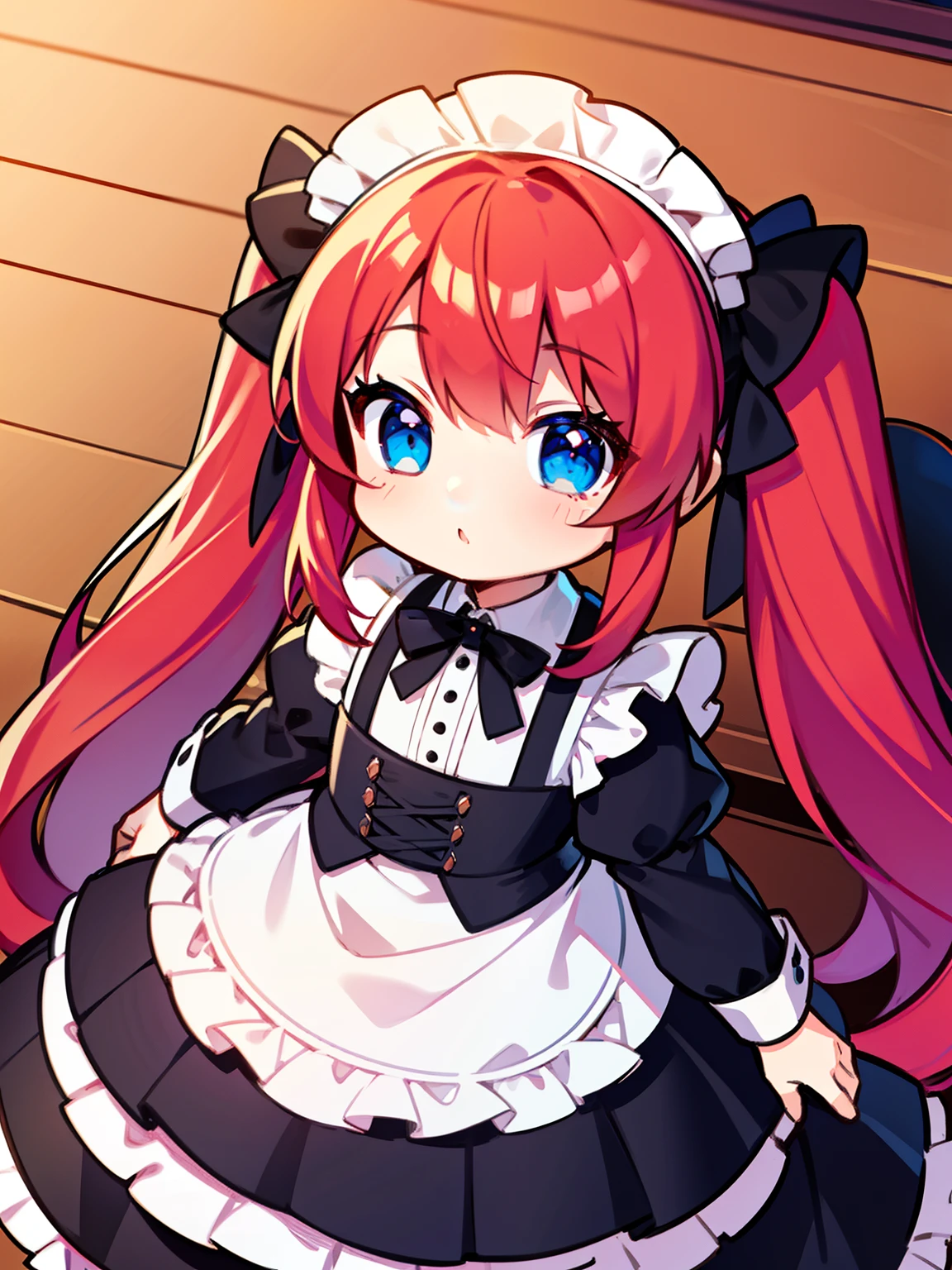 {{best quality}}, {{masterpiece}}, {{ultra-detailed}}, {illustration}, {detailed light}, red hair,blue eyes,twintails,maid, long hair, long sleeves, gothic, solo, loli,little girl,cute