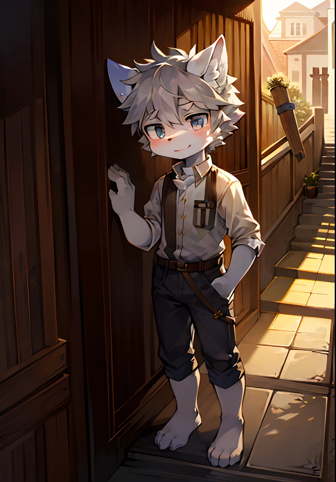 white backgrounid,A cute little wolf,Libido boy,Gray hair,archaeologist,standing on your feet,(eyes with brightness)(high qulity)(the morning sun)