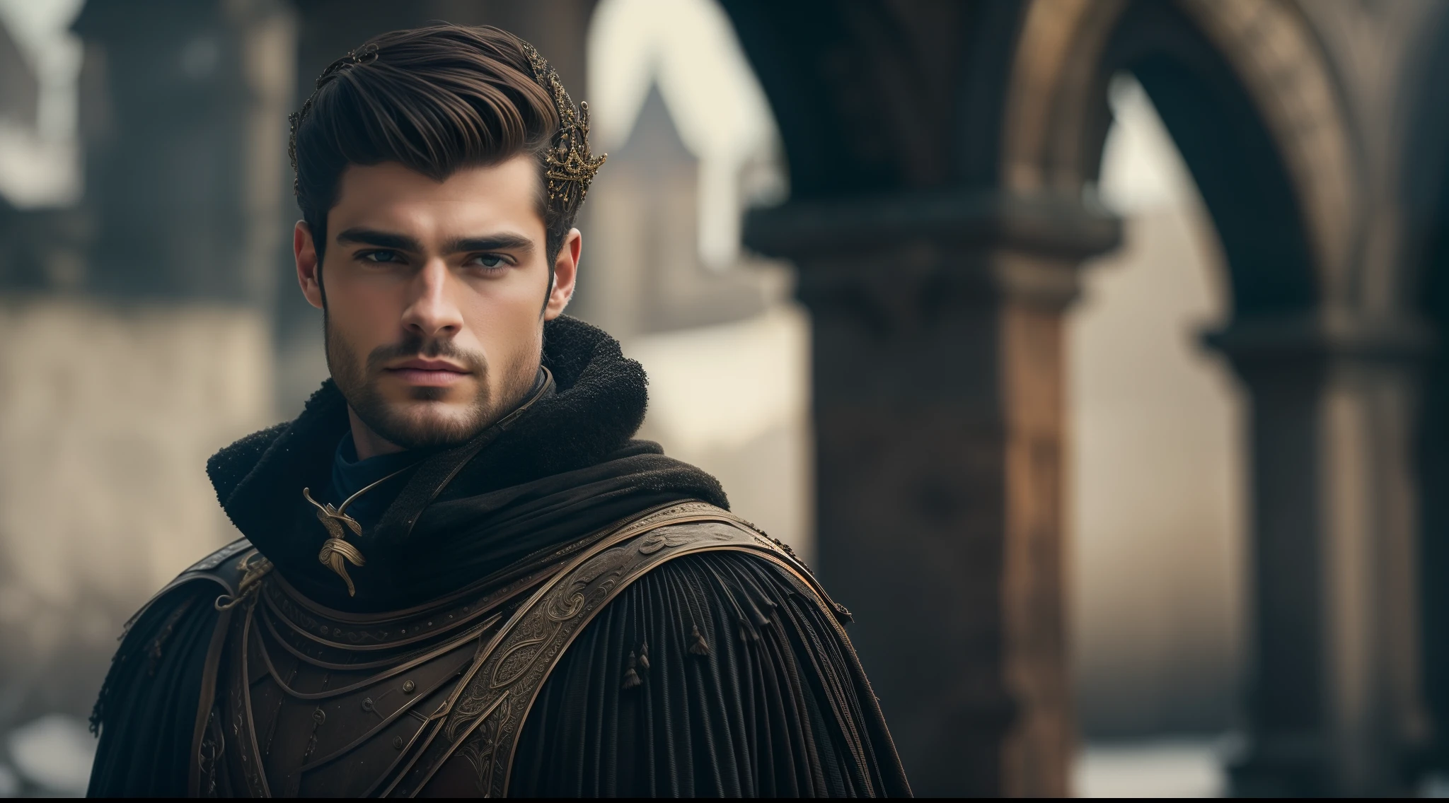 Medieval Prince Sean O'Pry, 30 anos, Fundo medieval da imagem do castelo, usando barba curta e escura, Sharp details, with defined jaw, Similares a Model Sean O'Pry, standing in the snow, forte e musculoso, realista e profissional, wearing black medieval prince clothing, cabelos curtos e escuros, Realistic, Cinematic layer style, wearing princely costume, best quality, Ultra HD |, cinematographic effect, imagem profissional, Film, fundo da imagem do castelo.