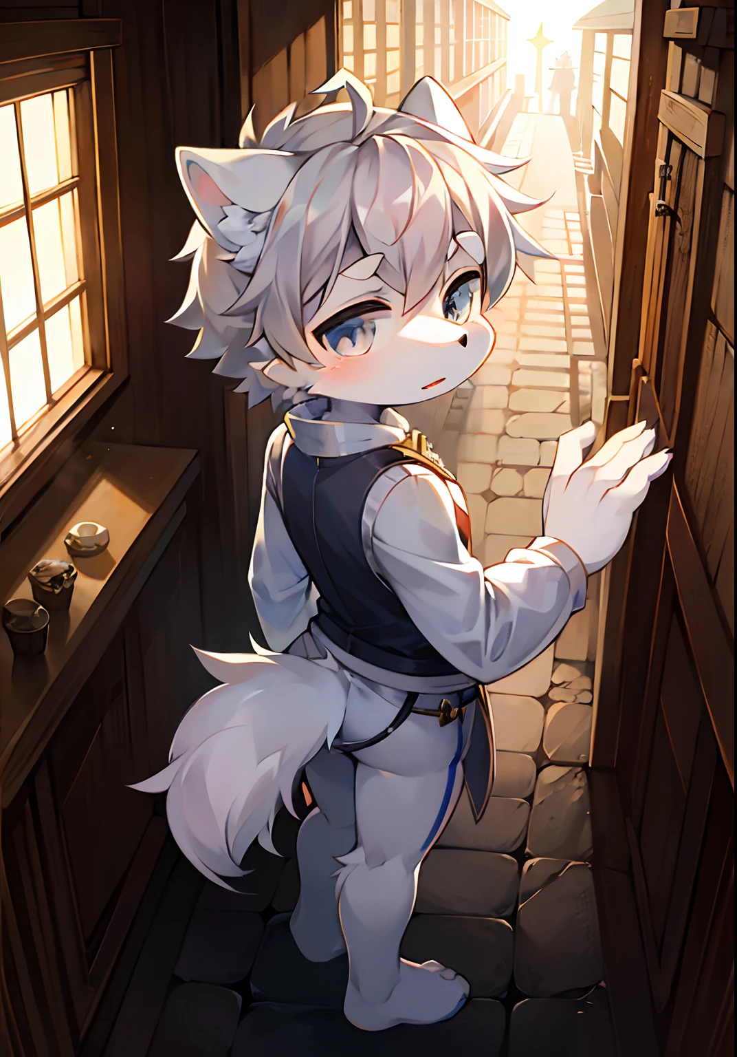 white backgrounid,A cute little wolf,Gray hair,Archeologist,standing on your feet,(eyes with brightness)(high qulity)(the morning sun)