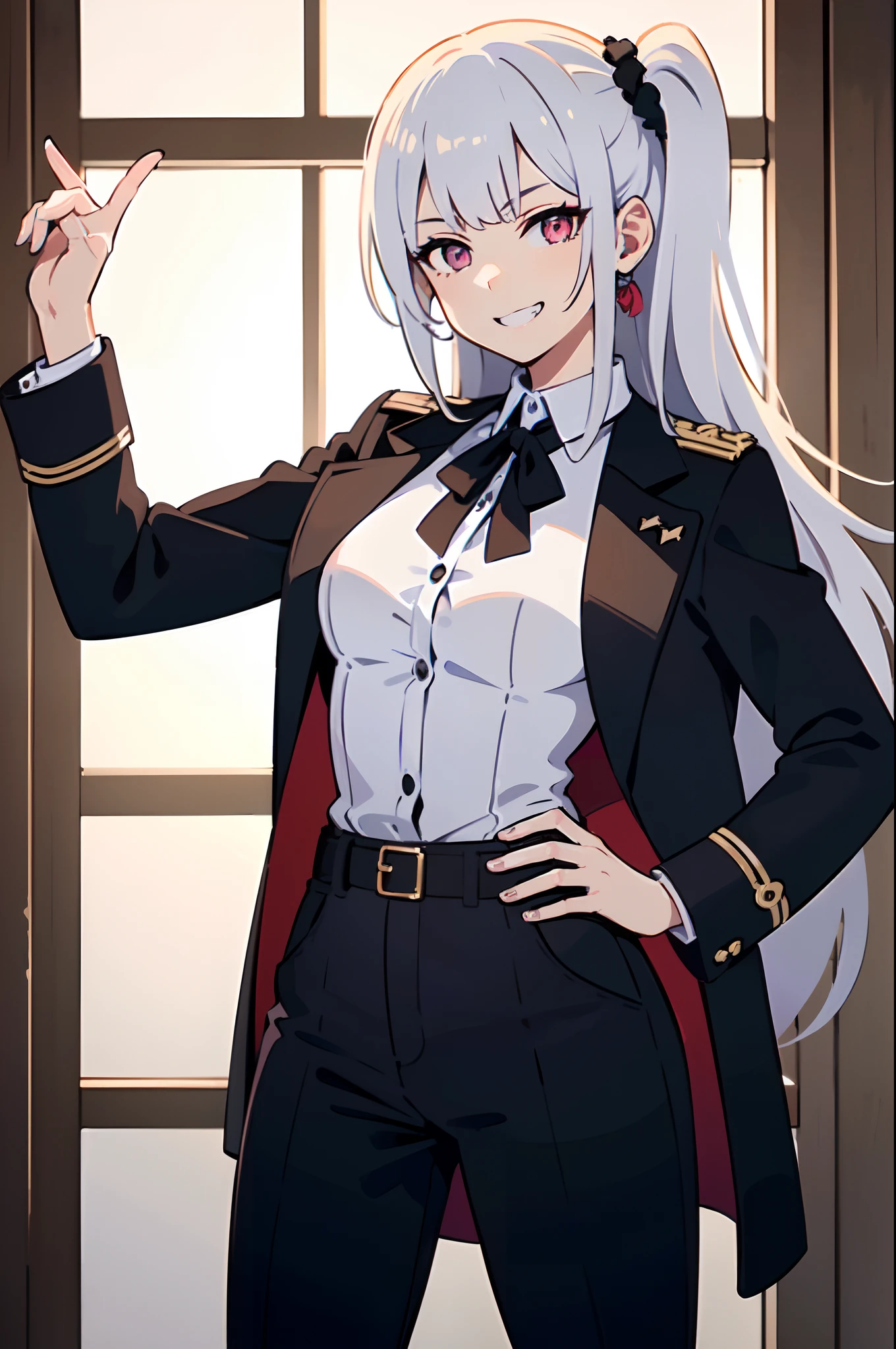 (((masterpiece, illustration, best quality))), 1girl, solo, (Scenenary: Indoors, in a pirate ship), ((wearing a white button shirt)) and a ((black fur-coated jacket, jacket on shoulders)), platinum white hair, pink eyes, grin, evil smile, sadistic smile, shaded eyes, long hair, ((low-tied long hair, tied with a scrunchie)),, medium-small breasts, perfect body, fit body, ((hand on hip)), standing, looking at viewer, head tilt, ultra-detailed, cinematic lightning