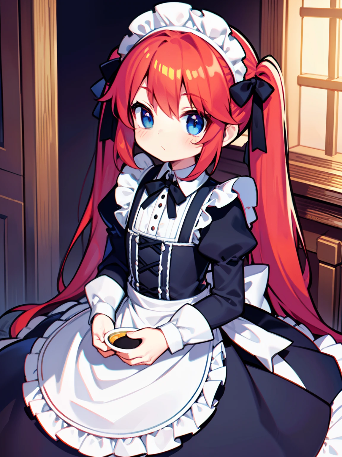 {{best quality}}, {{masterpiece}}, {{ultra-detailed}}, {illustration}, {detailed light}, red hair,blue eyes,twintails,maid, long hair, long sleeves, gothic, solo, loli,little girl,cute