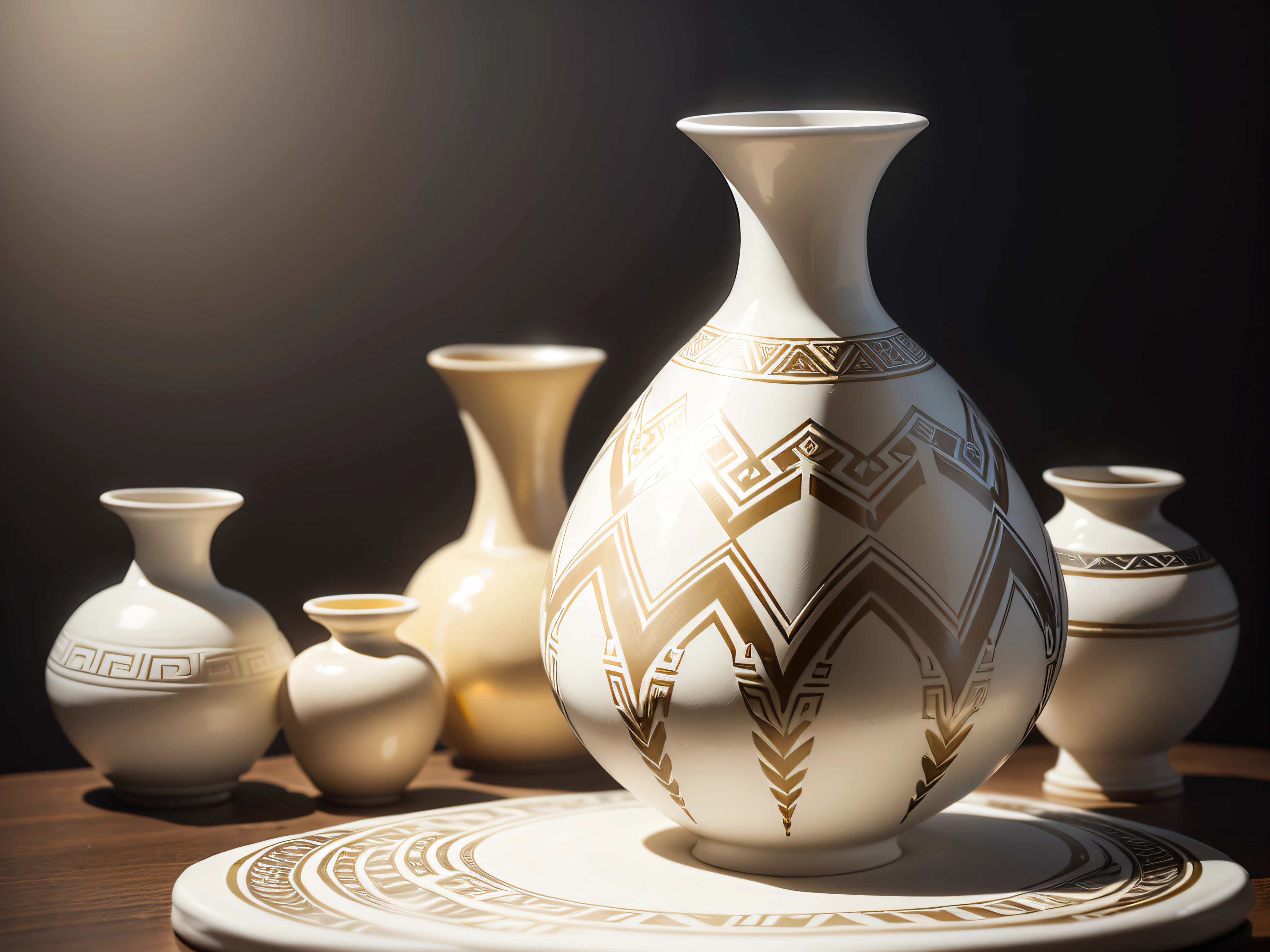 Unique vase, aesthetic, elegante, porcelana fina, blanco con ((adornos aztecas dorados)), sobre fondo oscuro, foco nítido, with minimalist low lighting.
