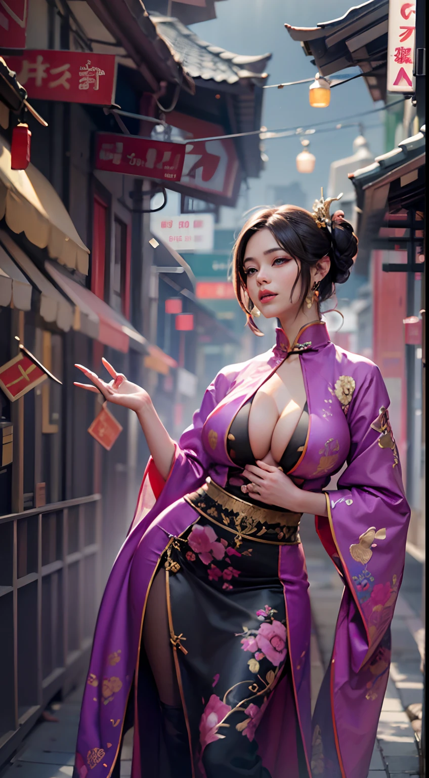 A Japanese woman walking in the city,Buildings,A plant,ssmile,Mixed Korean,The background is blurred out,focal,电影灯光,(((tmasterpiece))), ((best qualtiy)), ((Complex and detailed)), ((ultra-realistic realism)), Ridiculous resolution, A MILF, Mature woman, ssee-through, highly detailed, illustratio, 1girll, (huge tit), Thin waist and thick hips,long leges,beatiful detailed eyes, short detailed hair, brunette color hair, a purple eye, (Ceremonial attire:1.2), on cheongsam,offcial dress,Lace,gossamer,(underdressing), pantiess, 耳Nipple Ring, (stocklings),high-heels, detailed back ground, perfect eyes, Seductive eye, looking at viewert, From the front,Wear light,