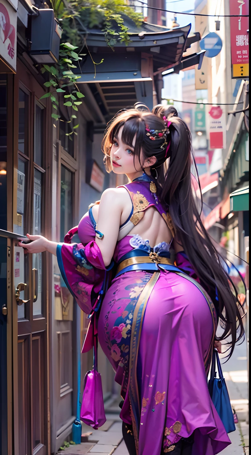 A Japanese woman walking in the city,Buildings,A plant,ssmile,Mixed Korean,The background is blurred out,focal,电影灯光,(((tmasterpiece))), ((best qualtiy)), ((Complex and detailed)), ((ultra-realistic realism)), Ridiculous resolution, A MILF, Mature woman, ssee-through, highly detailed, illustratio, 1girll, (huge tit), Thin waist and thick hips,long leges,beatiful detailed eyes, short detailed hair, brunette color hair, a purple eye, (Ceremonial attire:1.2), on cheongsam,offcial dress,Lace,gossamer,(underdressing), pantiess, 耳Nipple Ring, (stocklings),high-heels, detailed back ground, perfect eyes, Seductive eye, looking at viewert, From the front,Wear light,