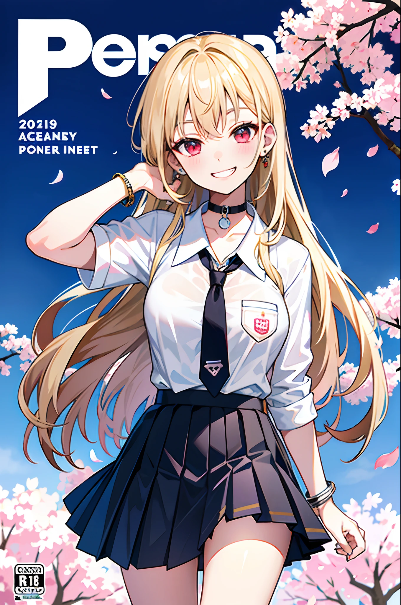 masterpiece, best quality, full body, 1girl, bangs, black choker, black necktie, blonde hair, blue skirt, blush, bracelet, breasts, choker, clothes around waist, collarbone, collared shirt, cowboy shot, dress shirt, ear piercing, eyebrows visible through hair, gradient hair, grin, gyaru, jewelry, kogal, long hair, looking at viewer, loose necktie, necktie, piercing, plaid, plaid skirt, pleated skirt, red eyes, ring, school uniform, shirt, skirt, smile, solo, white shirt, street, sky, cherry blossoms, petals,illustration, (magazine:1.3), (cover-style:1.3), fashionable, woman, vibrant, outfit, posing, front, colorful, dynamic, background, elements, confident, expression, holding, statement, accessory, majestic, coiled, around, touch, scene, text, cover, bold, attention-grabbing, title, stylish, font, catchy, headline, larger, striking, modern, trendy, focus, fashion,