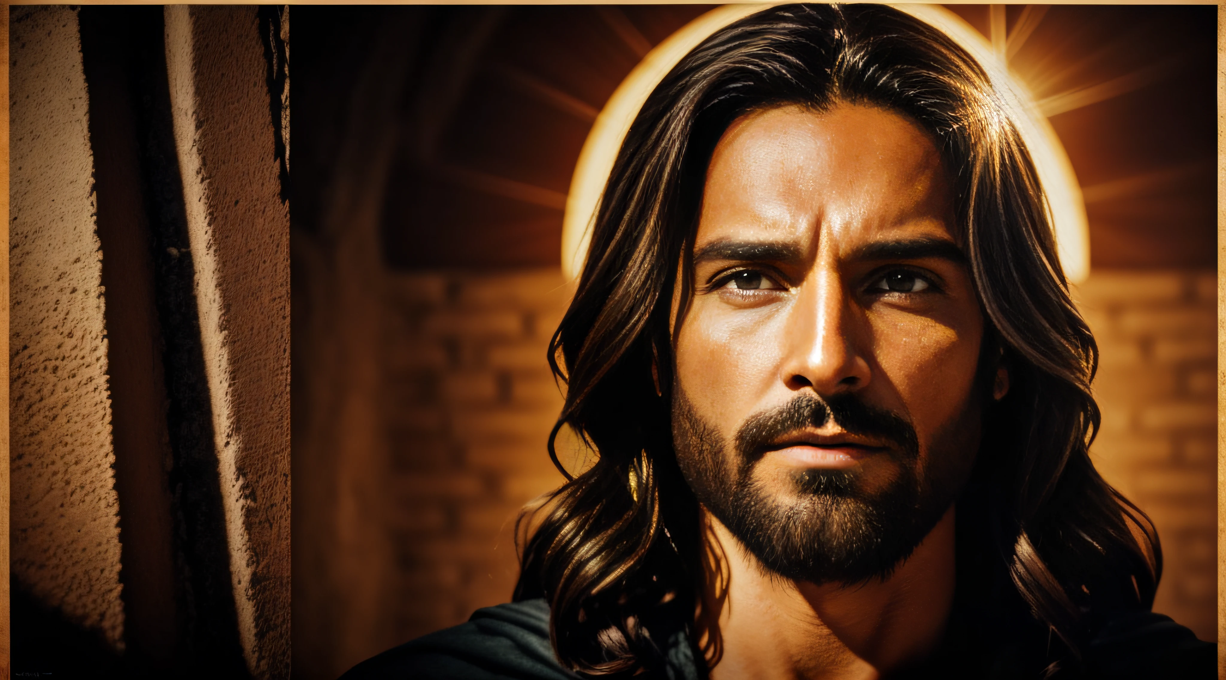 Jesus Christ poster, dramatic, realista, detalhado, Jesus to the left of the poster