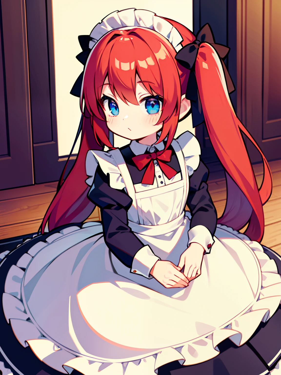 {{best quality}}, {{masterpiece}}, {{ultra-detailed}}, {illustration}, {detailed light}, red hair,blue eyes,twintails,maid, long hair, long sleeves, gothic, solo, ,litte