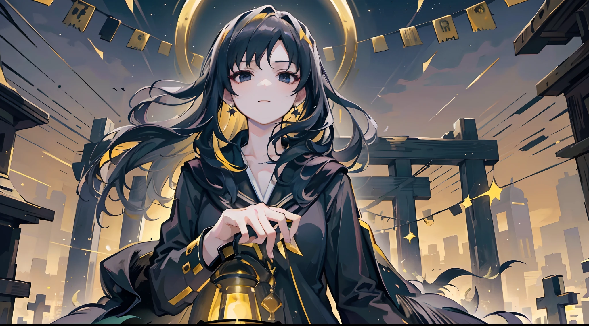 Binah, holding a dim lantern, looking at viewer, black columns glowing with yellow hieroglyphs, starry sky, night, graveyard, yellow mist, spooky trees, crows, absurdres, high res, ultrasharp, 8k, masterpiece