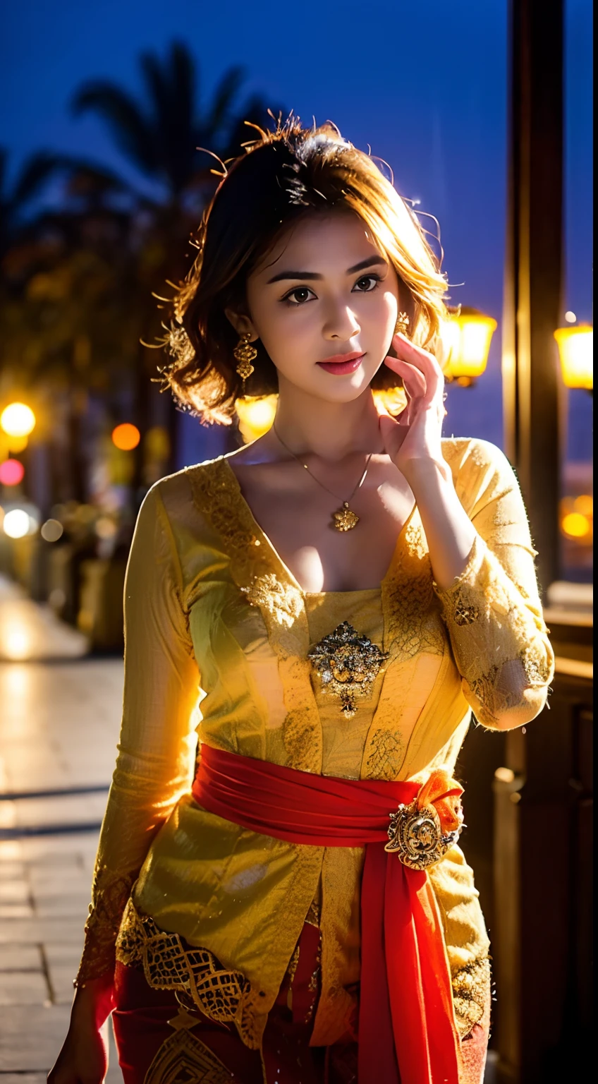 A girl holding a camera, mix4,(8k, RAW photo, best quality, masterpiece:1.2), (realistic, photo-realistic:1.37),1girl,cute,cityscape, night, rain, wet, professional lighting, photon mapping, radiosity, Physically-based rendering, gradient brunette hair, short curly hair, handsome, girly, white ball set, superb picture quality, high resolution, 1080p, (clear face), (detailed face description), (detailed hand description), (masterpiece), (exquisite CG), extreme light and shadow, messy hair, masterpiece, rich detail, (exquisite facial features), (highest image quality), (masterpiece), (detailed eyes), look forward to your eyes, delicate collarbone, kebaya_bali