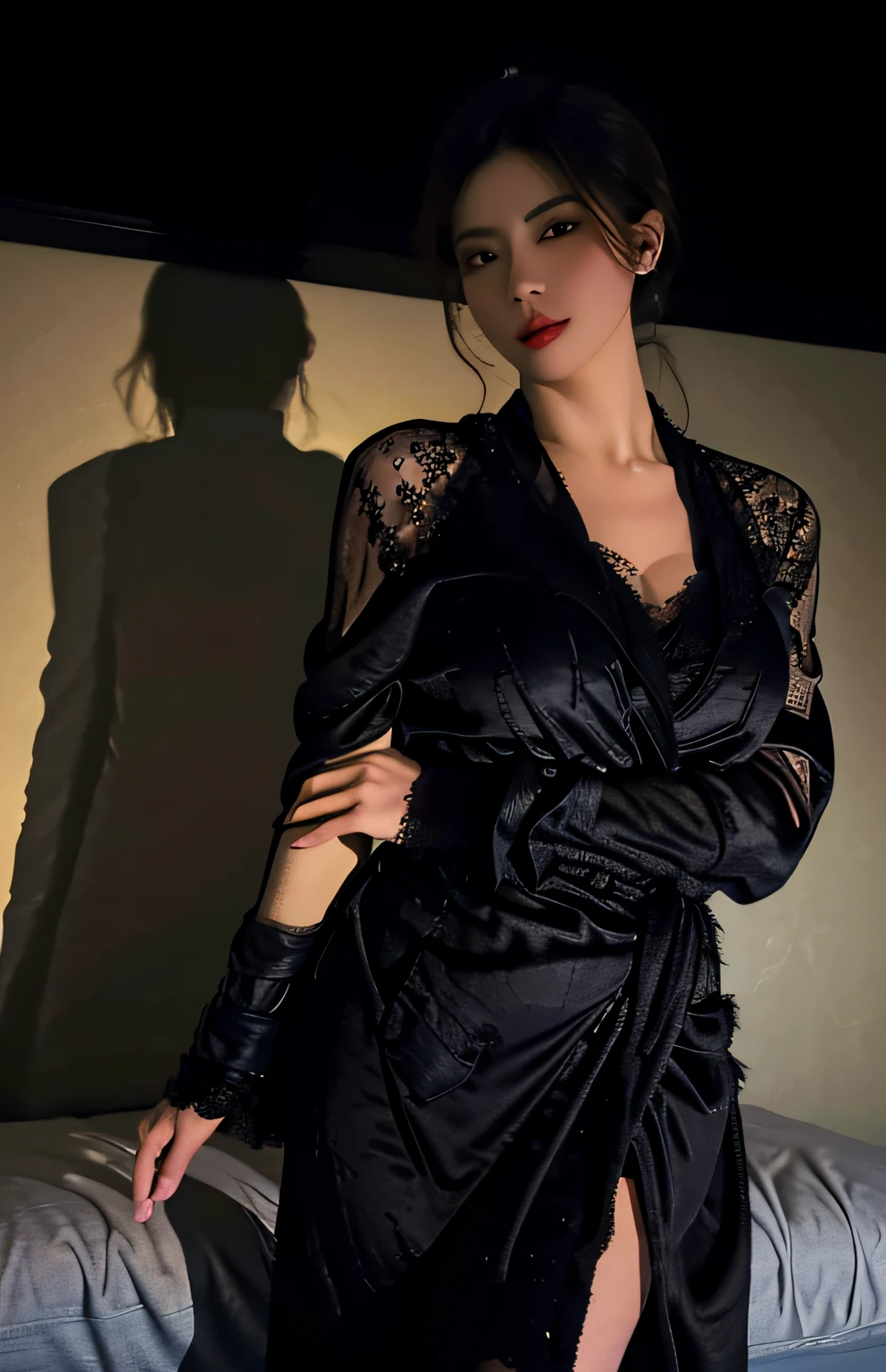 Best Quality, Masterpiece, Ultra High Resolution, (Photorealistic:1.4), Original Photo, 1girl, ((Black Lace Dressing Gown)), ((Big Breasted)), Cool Light