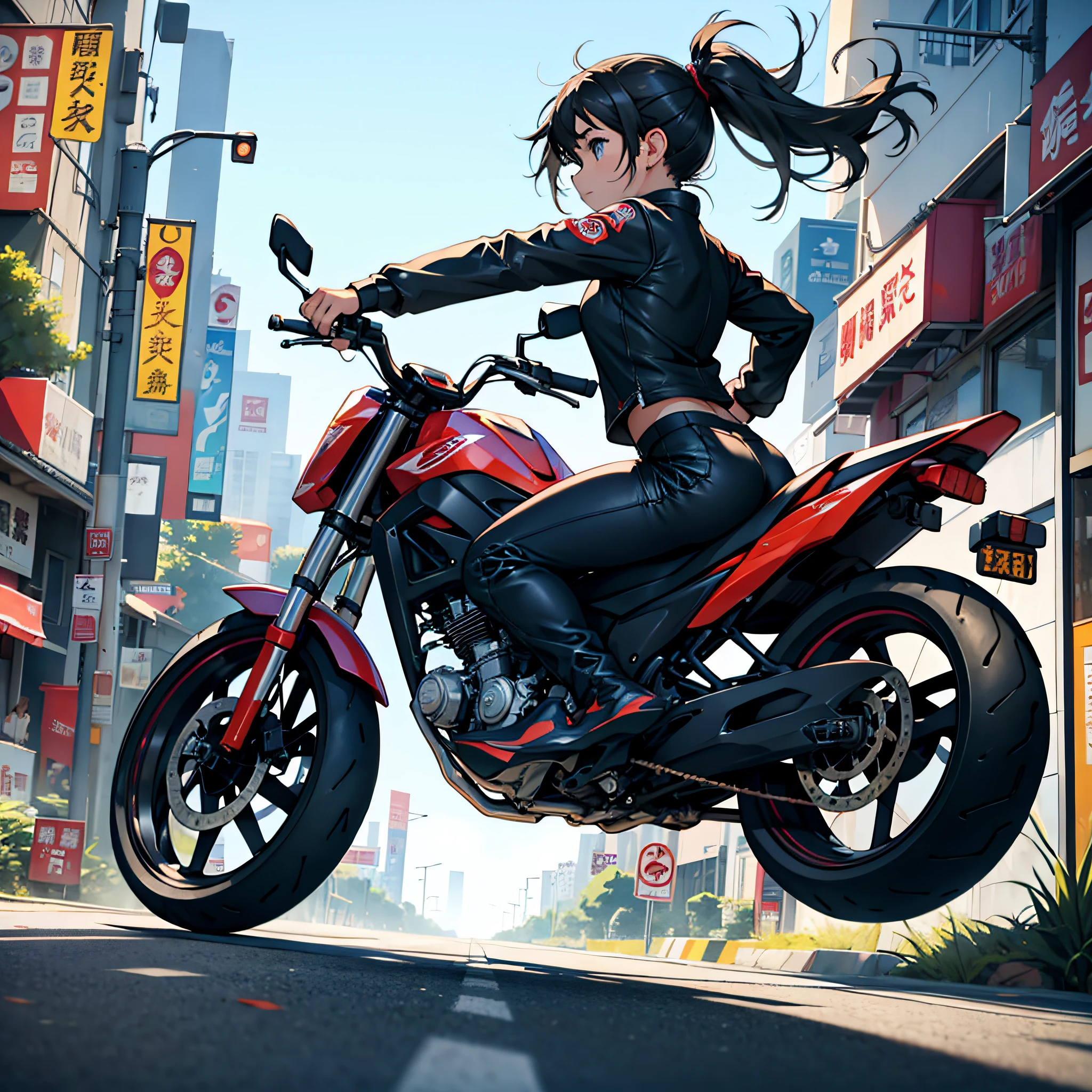Little girl wheelie riding motorcycle、Float the front wheel of the motorcycle、Running around the city、Jump Bike Girl