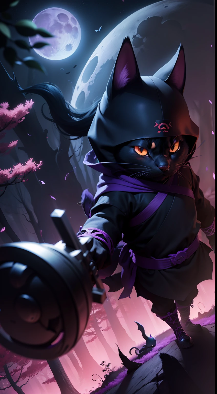 Create a vibrant dark fantasy cute ninja cat in a clean-lined minimalistic cartoon style, in the background a beautiful forest and a bright purple moon, octane render, 8k