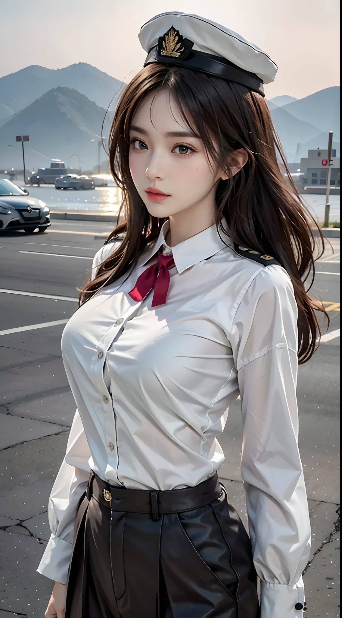 (best qualtiy,8K,32K,tmasterpiece,hyper HD:1.2),(realisticlying:1.5),(tmasterpiece,Extremely detailed CG unifies 8K, 8K, best qualtiy,A high resolution:1.2),(ultra - detailed,hyper HD:1.2),(2 pcs)Very cute and beautiful photos of Japanese women,(maroon,wavy and long hair:1.2),A S-adult,(detailed beautiful girl:1.4),best qualtiy,woman,A S-adult,(Detailed U.S. army suit:13,trouser:1.3,epaulette,Badge,Officer's cap),(Beautiful sunset US Air Force base runway view background:1.2,There were a lot of soldiers behind him:1.3),ssmile:1,looking at viewert,face to the viewer,((Perfect female body)),(a narrow waist:1.2),Slim,ventania,dynamicposes,cinematric light,Detailed clothes,perfect anatomia,perfectly proportions,detailed human body,walking towards camera,heroic look,((depth of fields)),((The background is imposing))
