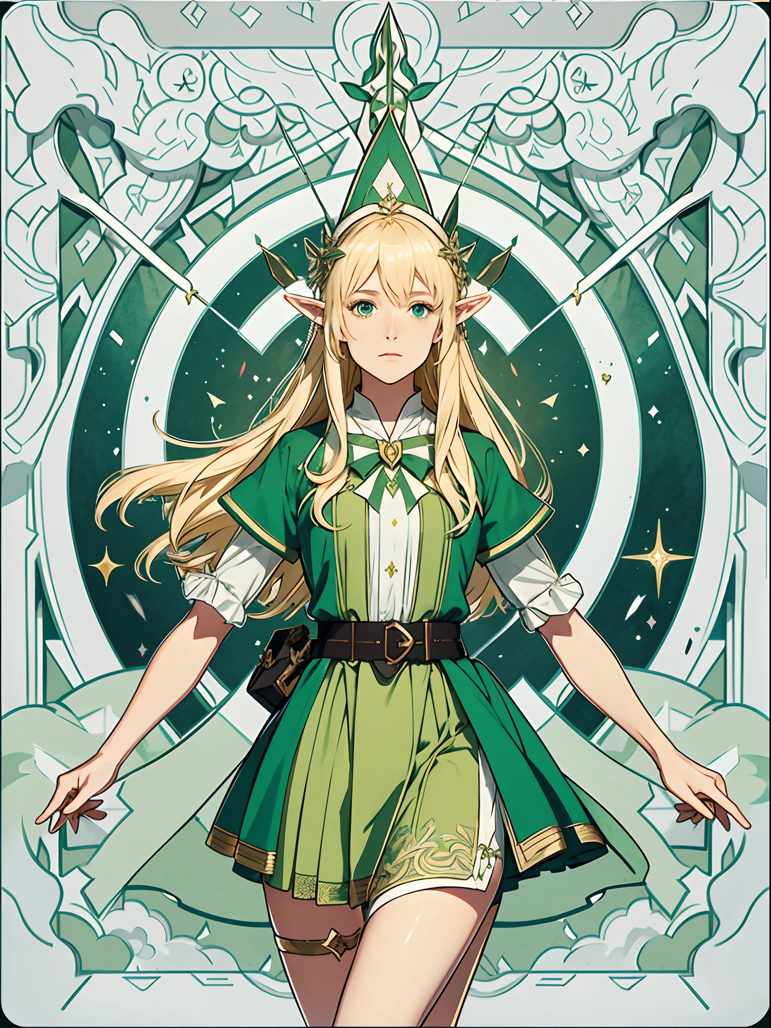 femele , the bow , Archers ,a short skirt ,a blond , elvish , The long-haired , green clothing , soldier , masterpiece, top-quality, 8K, detailed skin textures, Detailed Cloth Texture, beautifull detailed face, intricate detailes, ultra-detailliert, The upper part of the body、, light Particle, borgar, Intense sunlight,Effect of twinkling aerial light