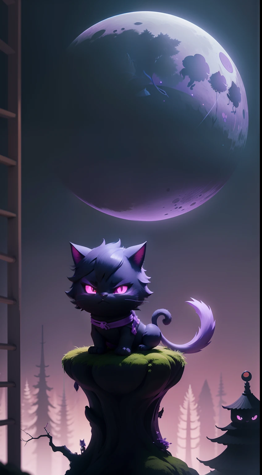 Create a vibrant dark fantasy cute ninja cat in a clean-lined minimalistic cartoon style, in the background a beautiful forest and a bright purple moon, octane render, 8k