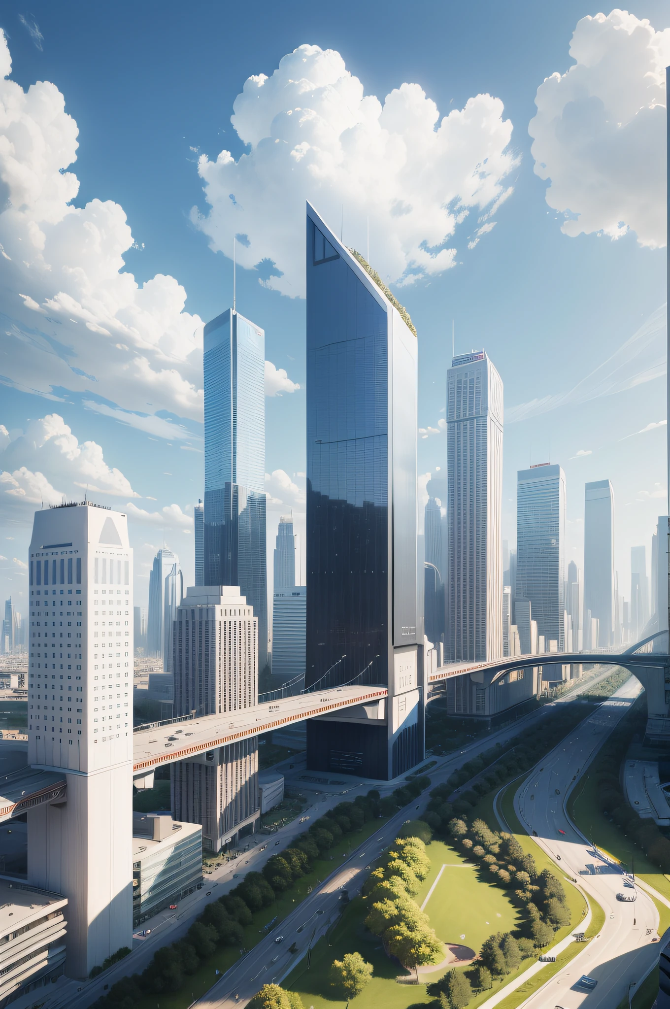 It is an ideal city,It has technology that transcends reality,The city is lined with cities,High-rise buildings with white and gray colors,The blue-and-white aircraft are similar in color to the sky,The virtual track seems real,The top leads to,A wide variety of cars coming and going,People are enjoying