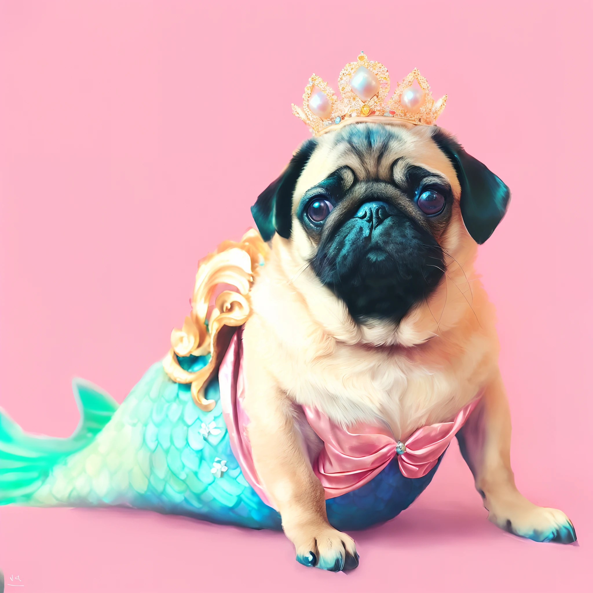 Alafe dressed as a mermaid with a crown and tail, beautiful animal pearl queen, Adorable Digital Painting, cute detailed digital art, queen of the sea mu yanling, pug, Cute digital art, Portrait of a princess, by Nicholas Marsicano, King of the Sea, Dog with a crown, Dressed as a queen, nffsw, cute artwork