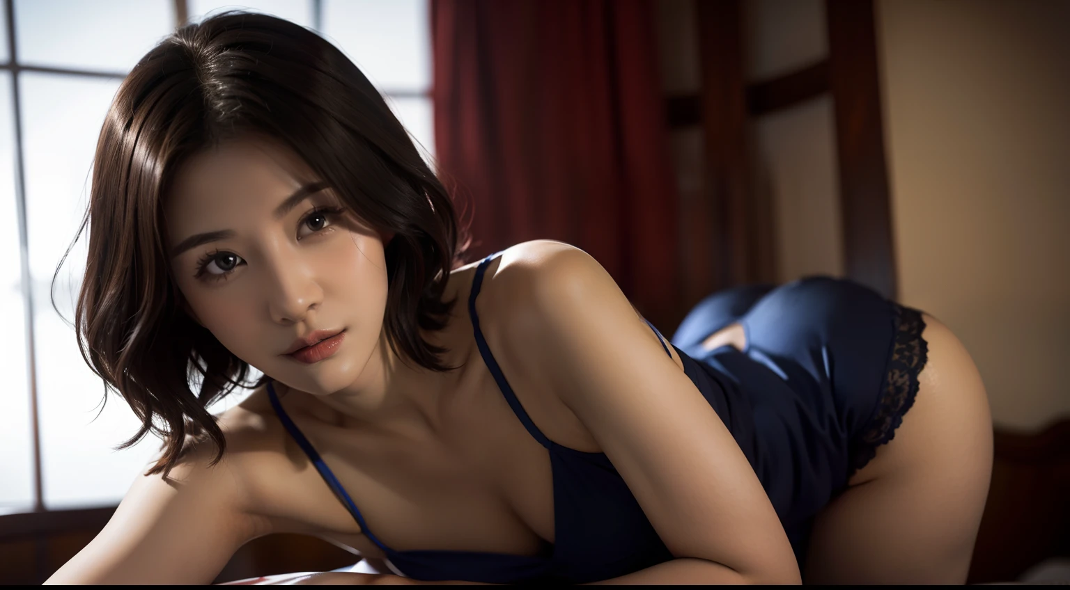(Sexy cheongsam), ys,has cleavage, , , chies, closeup cleavage, Best quality, Masterpiece, Depth of field,Highest quality,Extremely detailed,A high resolution,4K,超A high resolution, (Photorealistic:1.4), (cow boy shot:1.2), Beautiful lighting,1girll,Solo,Realistic skin, Closed mouth, ((small beast, Narrow waist)), Short hair, Wavy hair, Black hair
