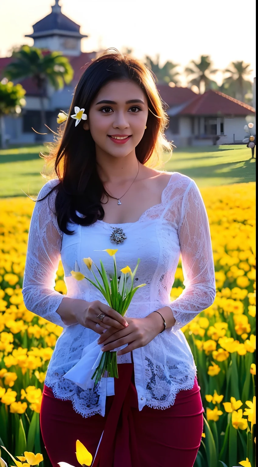 kebaya_bali, ((on_grass)), ((white_flower)), ((holding)), A girl, mix4,(8k, RAW photo, best quality, masterpiece:1.2), (realistic, photo-realistic:1.37),1girl,cute,cityscape, morning, rain, wet, professional lighting, photon mapping, radiosity, Physically-based rendering, gradient brunette hair, short curly hair, handsome, girly, white ball set, superb picture quality, high resolution, 1080p, (clear face), (detailed face description), (detailed hand description), (masterpiece), (exquisite CG), extreme light and shadow, messy hair, masterpiece, rich detail, (exquisite facial features), (highest image quality), (masterpiece), (detailed eyes), look forward to your eyes, delicate collarbone,