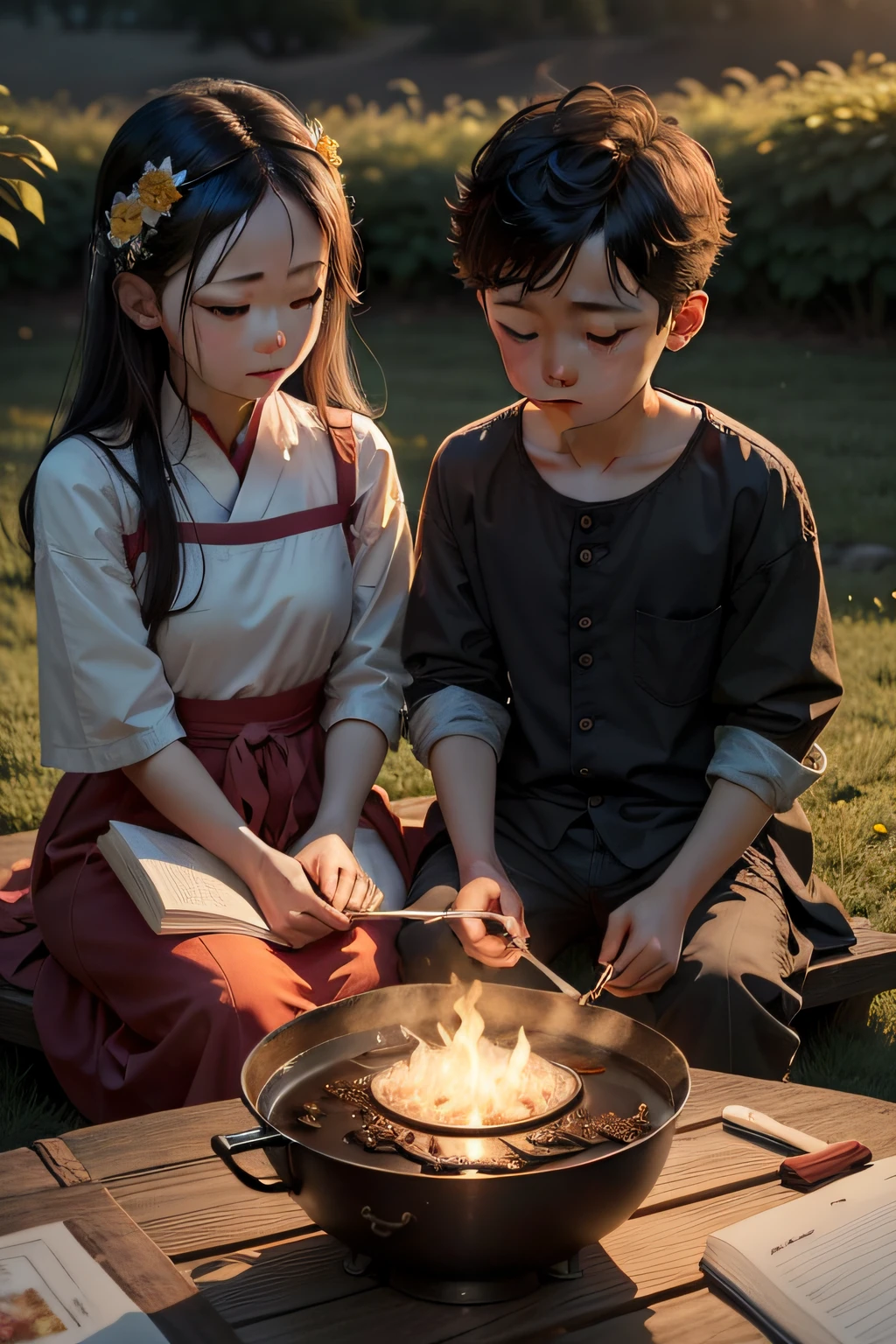 My sister and brother went up to the edge of the tea bush,Sit on soft wet grass,Look down condescendingly,It was already late at dusk,The sunset on the edge of the sky is like a delicate watercolor painting。The orange-yellow sunset fades,Leaving only a light golden glow in the sky。Farm smoke rises in the twilight。A gentle breeze,The cooking smoke swayed and danced,The years are quiet,Time is bleak。My sister was drawing with a copy,The younger brother is learning words with a field character book,