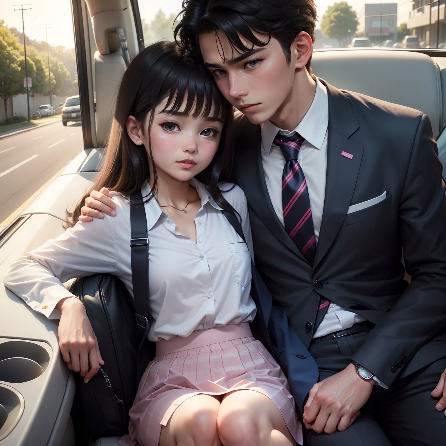 Under the night, Handsome guy driving in summer suit,Junior high school student kisses in the car in a summer school uniform Handsome guy puts his hand on Lori's chest,Loli her hands on her brother's chest and wore cool clothes