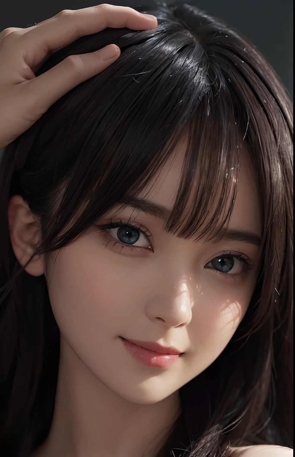 (Ultra Realistic), (Illustration), (Increased Resolution), (8K), (Extremely Detailed), (Best Illustration), (Beautiful and Detailed Eyes), (Best Quality), (Ultra Detailed), (Masterpiece ), ( wallpaper), (detailed face), solo, 1 girl, looking at viewer, fine details, detailed face, in the dark, deep shadows, low key, pureerosfaceace_v1, smiling, long hair, black shawl straight hair , 46 points oblique bangs