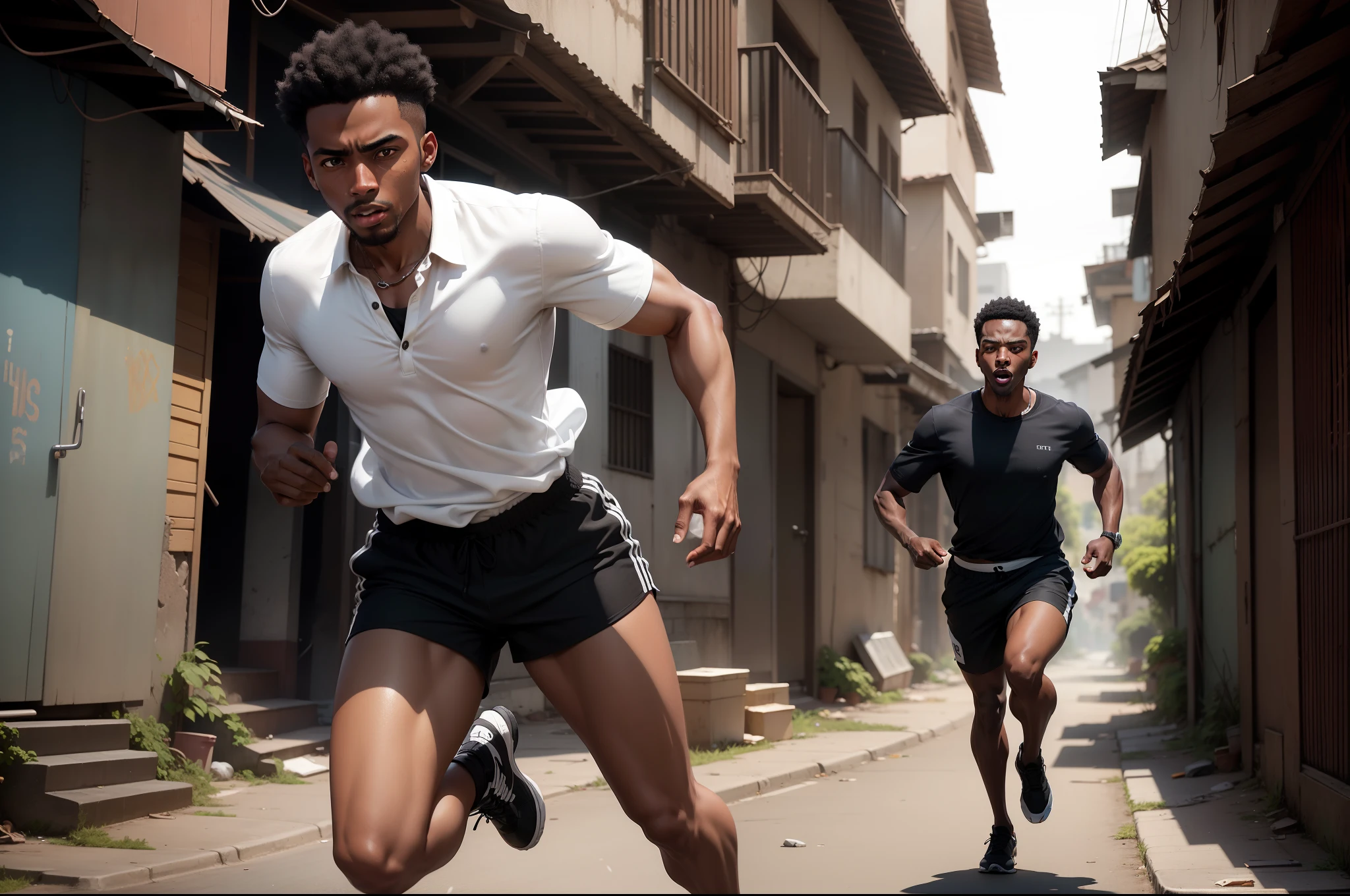 Ultra realistic 8k image of a slim 25-year-old black man, very short black hair, dressed in a casual white blouse and black shorts, desperate expression, running through an alley in a slum