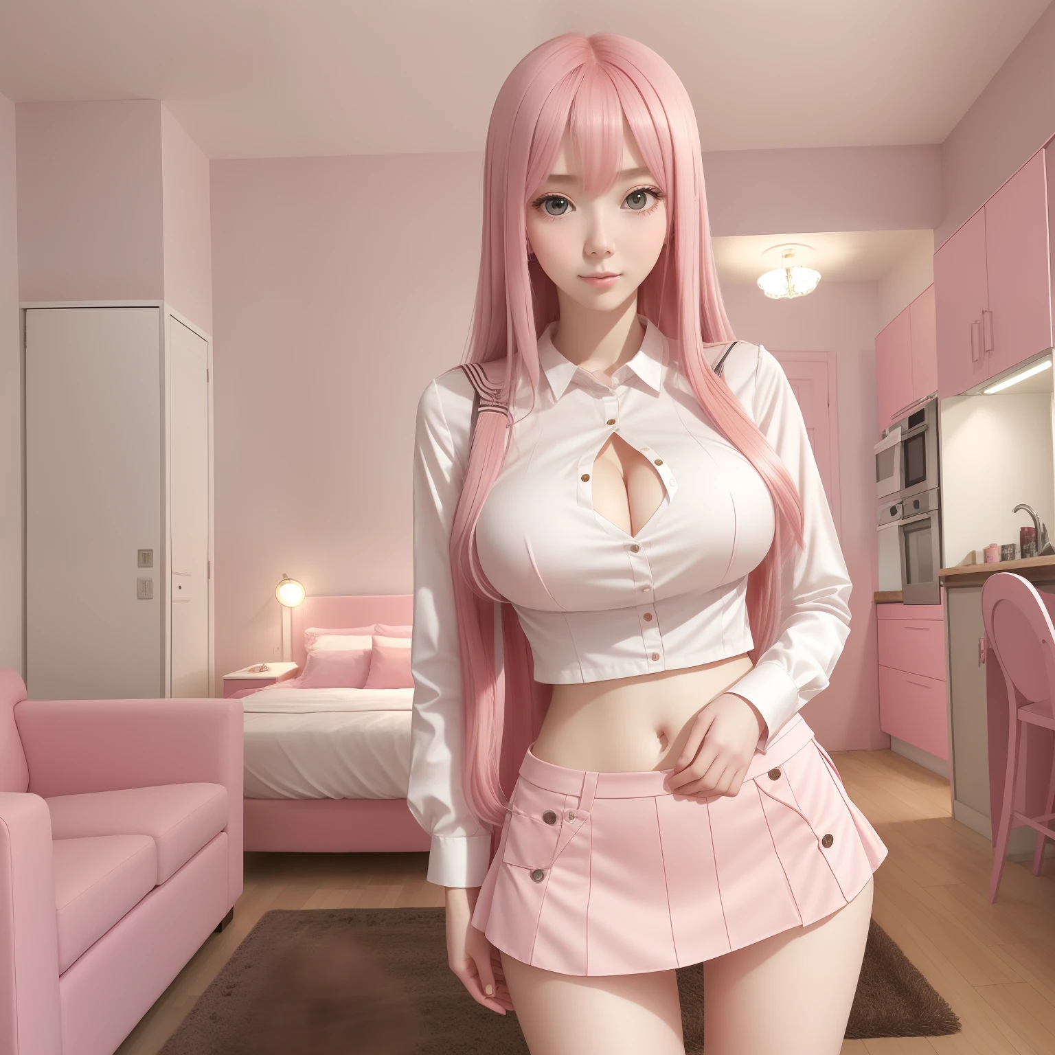 girl,Seraphine,long pink hair,he tall,sexy,big breast,age 17,standing in livingroom,full body,long shirt and mini skirt outfit,playing cellphone,selfie