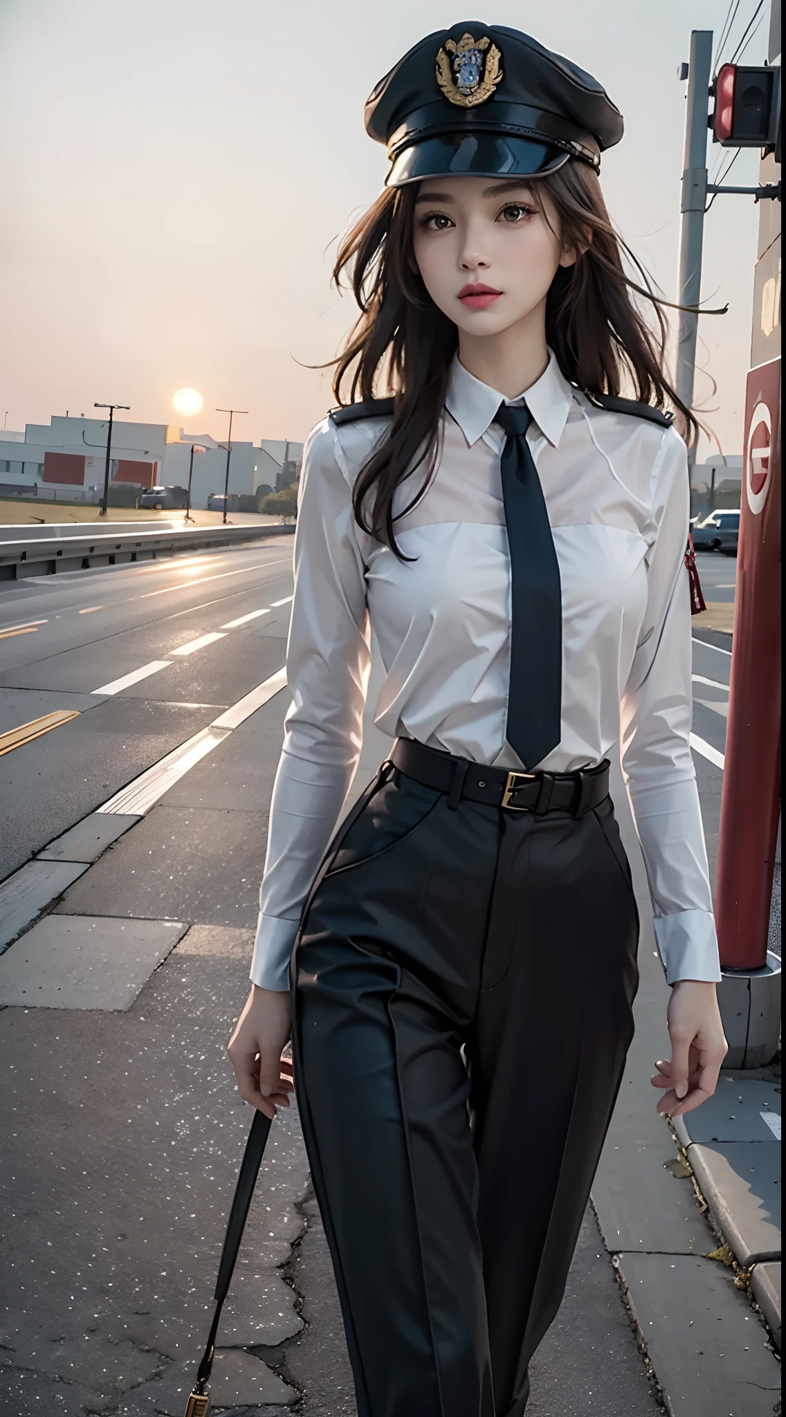 (best qualtiy,8K,32K,tmasterpiece,hyper HD:1.2),(realisticlying:1.5),(tmasterpiece,Extremely detailed CG unifies 8K, 8K, best qualtiy,A high resolution:1.2),(ultra - detailed,hyper HD:1.2),(2 pcs)Very cute and beautiful photos of Japanese women,(maroon,wavy and long hair:1.2),A S-adult,(detailed beautiful girl:1.4),best qualtiy,woman,A S-adult,(Detailed U.S. army suit:13,trouser:1.3,epaulette,Badge,Officer's cap),(Beautiful sunset US Air Force base runway view background:1.2,There were a lot of soldiers behind him:1.3),ssmile:1,looking at viewert,face to the viewer,((Perfect female body)),(a narrow waist:1.2),Slim,ventania,dynamicposes,cinematric light,Detailed clothes,perfect anatomia,perfectly proportions,detailed human body,walking towards camera,heroic look,((depth of fields)),((The background is imposing))